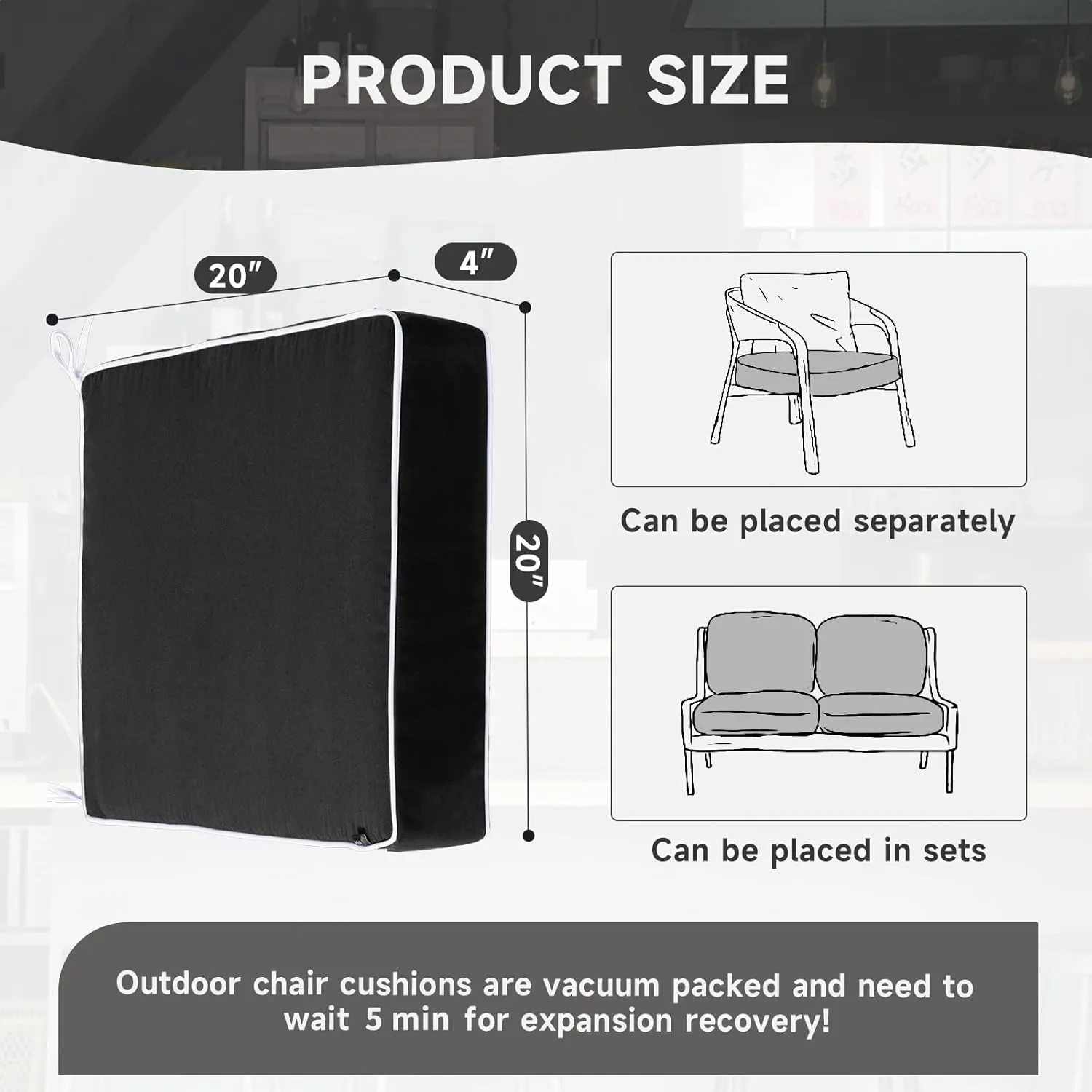PNP FKJP 2 Pack Outdoor Chair Cushion 20" X 20" X 4", Waterproof Outdoor Seat Cushions with Non-Skid Ties, Black (Cushion   Cover)