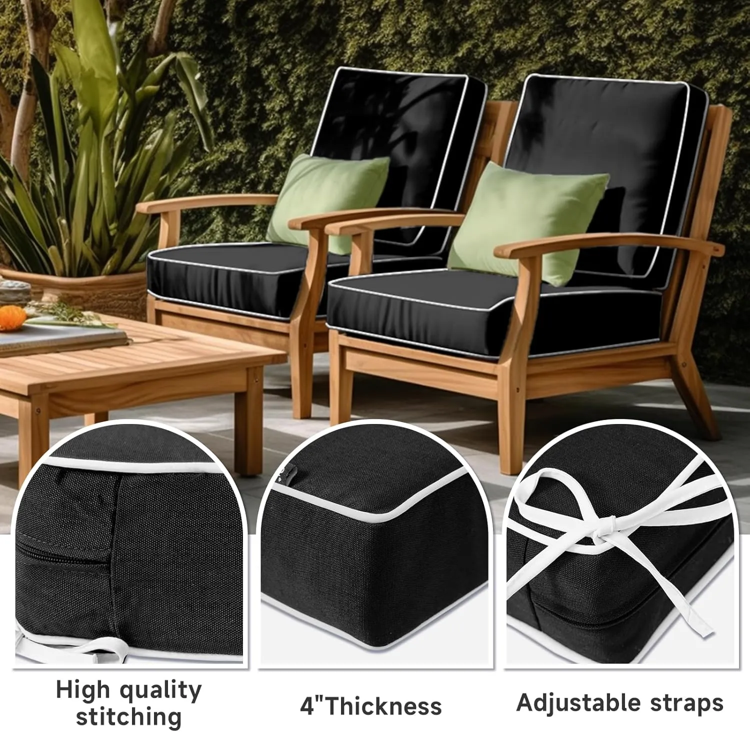 PNP FKJP 2 Pack Outdoor Chair Cushion 20" X 20" X 4", Waterproof Outdoor Seat Cushions with Non-Skid Ties, Black (Cushion   Cover)