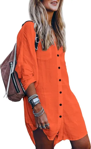 POGTMM Women's Swimsuit Cover Up Summer Beachwear Button Down Shirt Bikini Bathing Suit Beach Coverup Mini Dresses