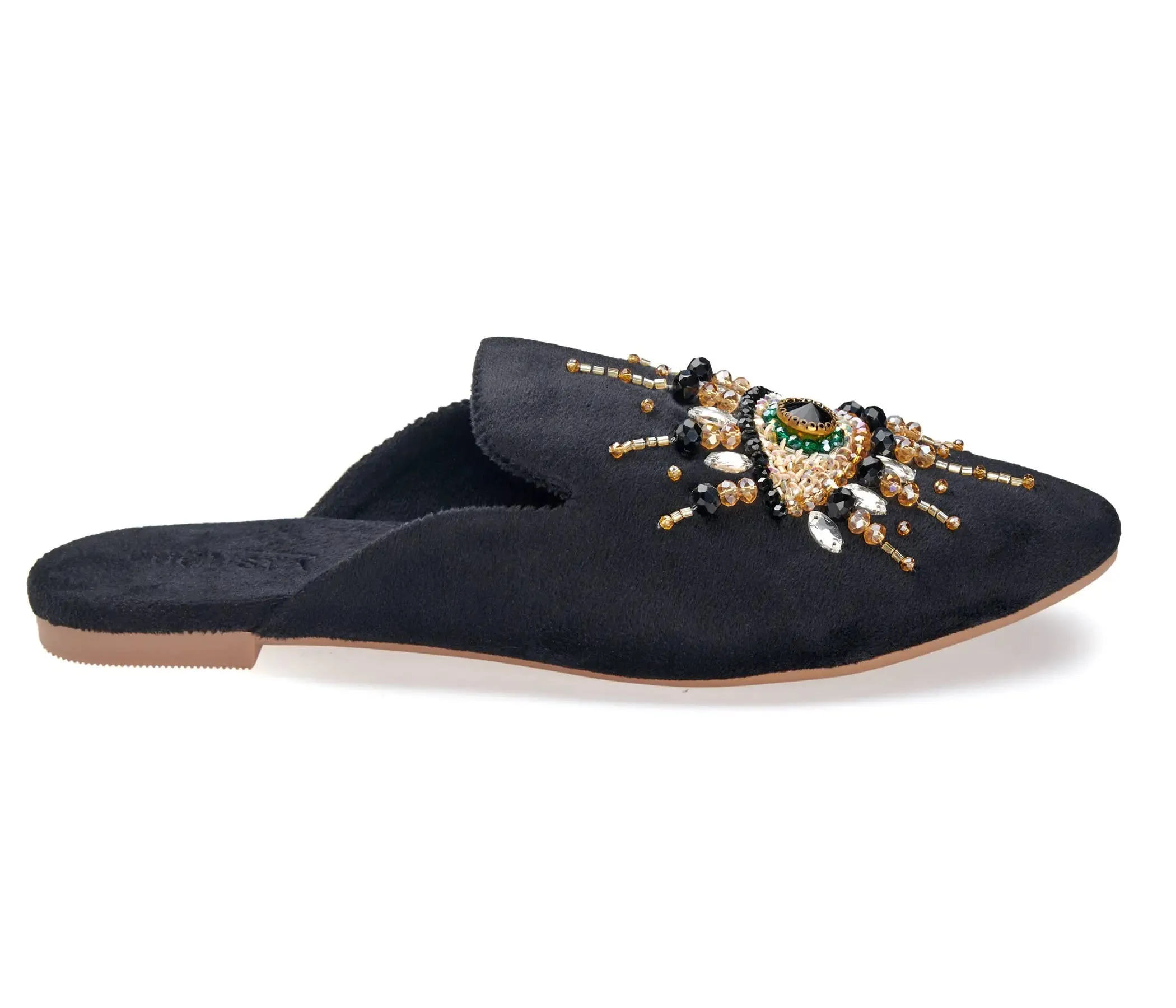 Pointed Toe Artisanal Evil Eye Mules Shoes Black Women's Mule Embroidery