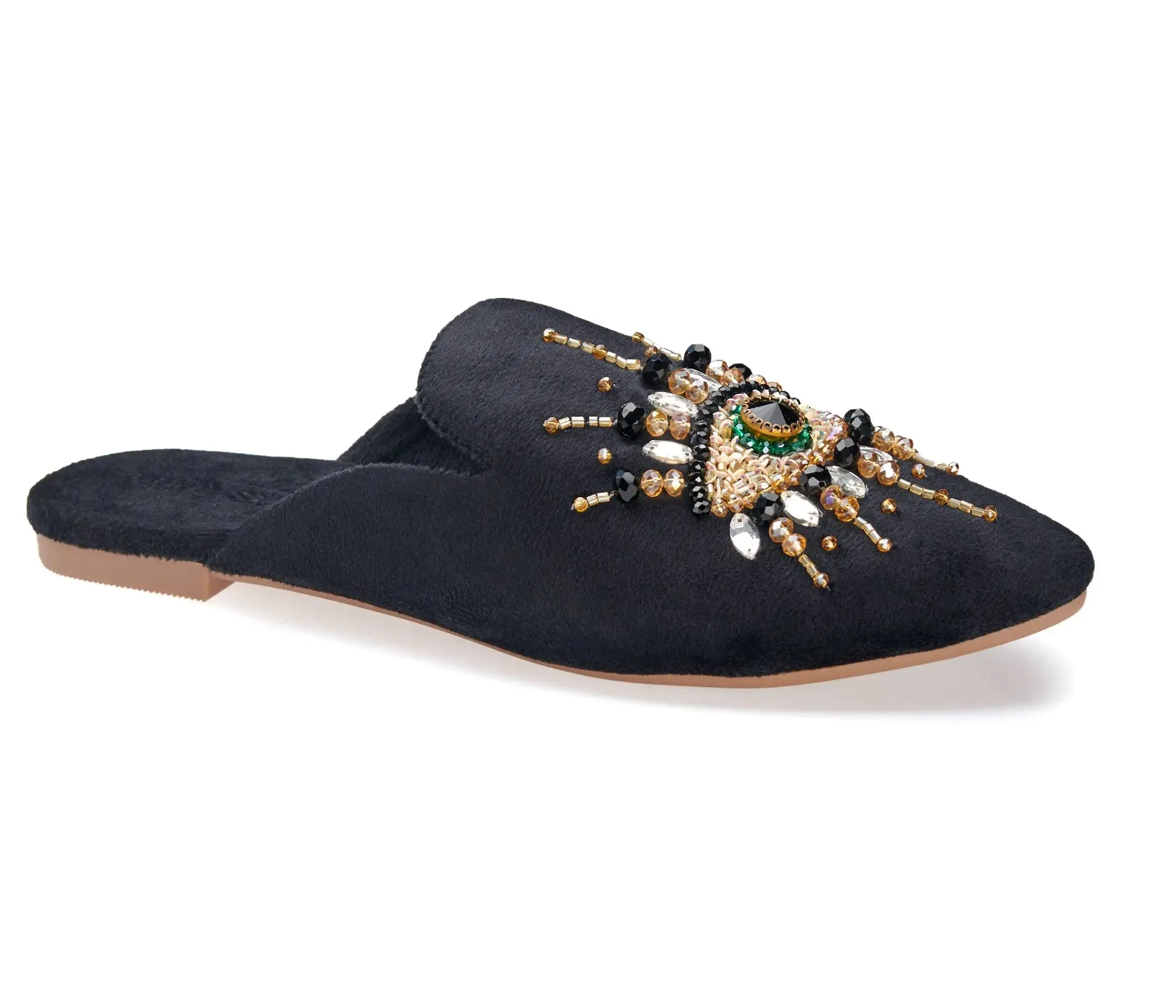 Pointed Toe Artisanal Evil Eye Mules Shoes Black Women's Mule Embroidery