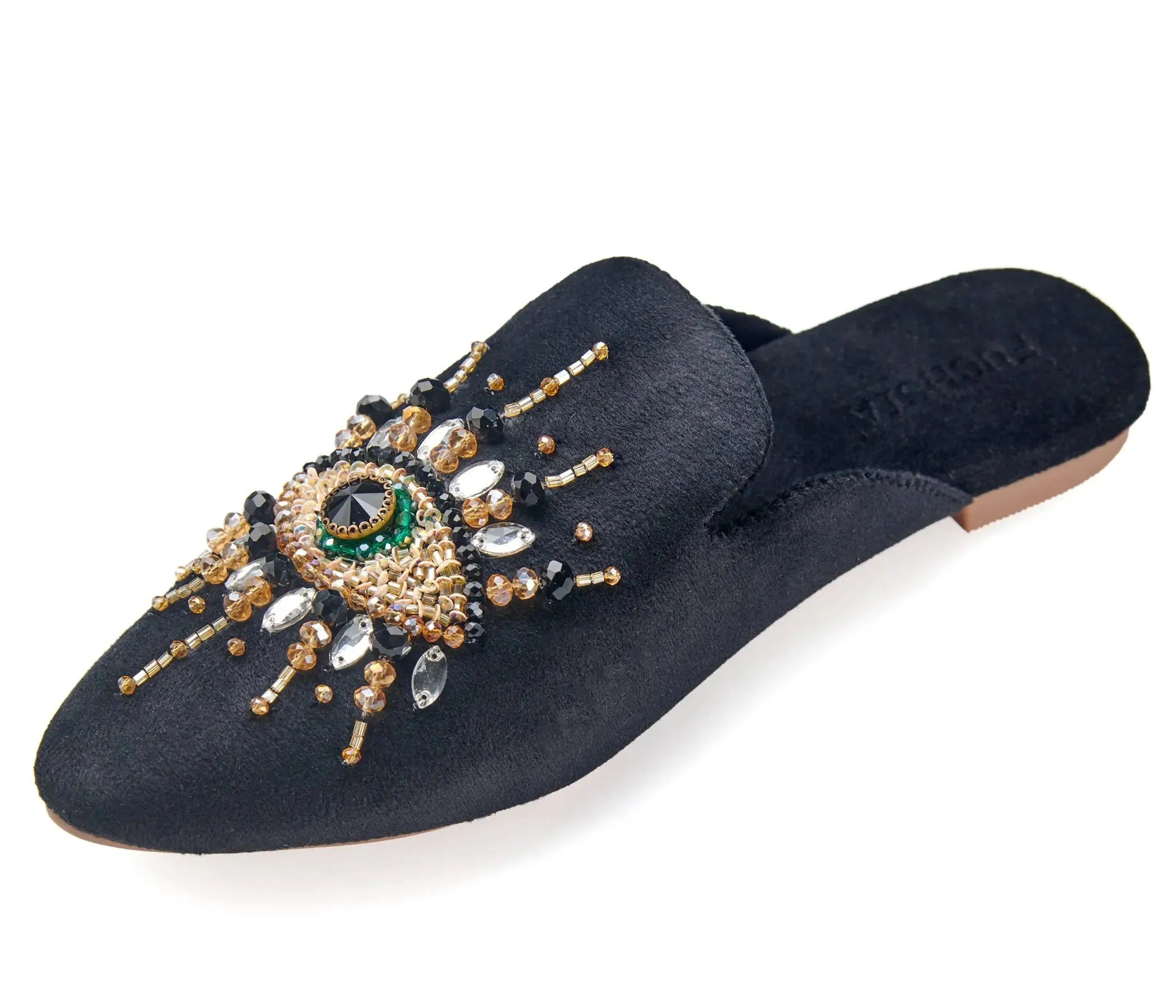 Pointed Toe Artisanal Evil Eye Mules Shoes Black Women's Mule Embroidery