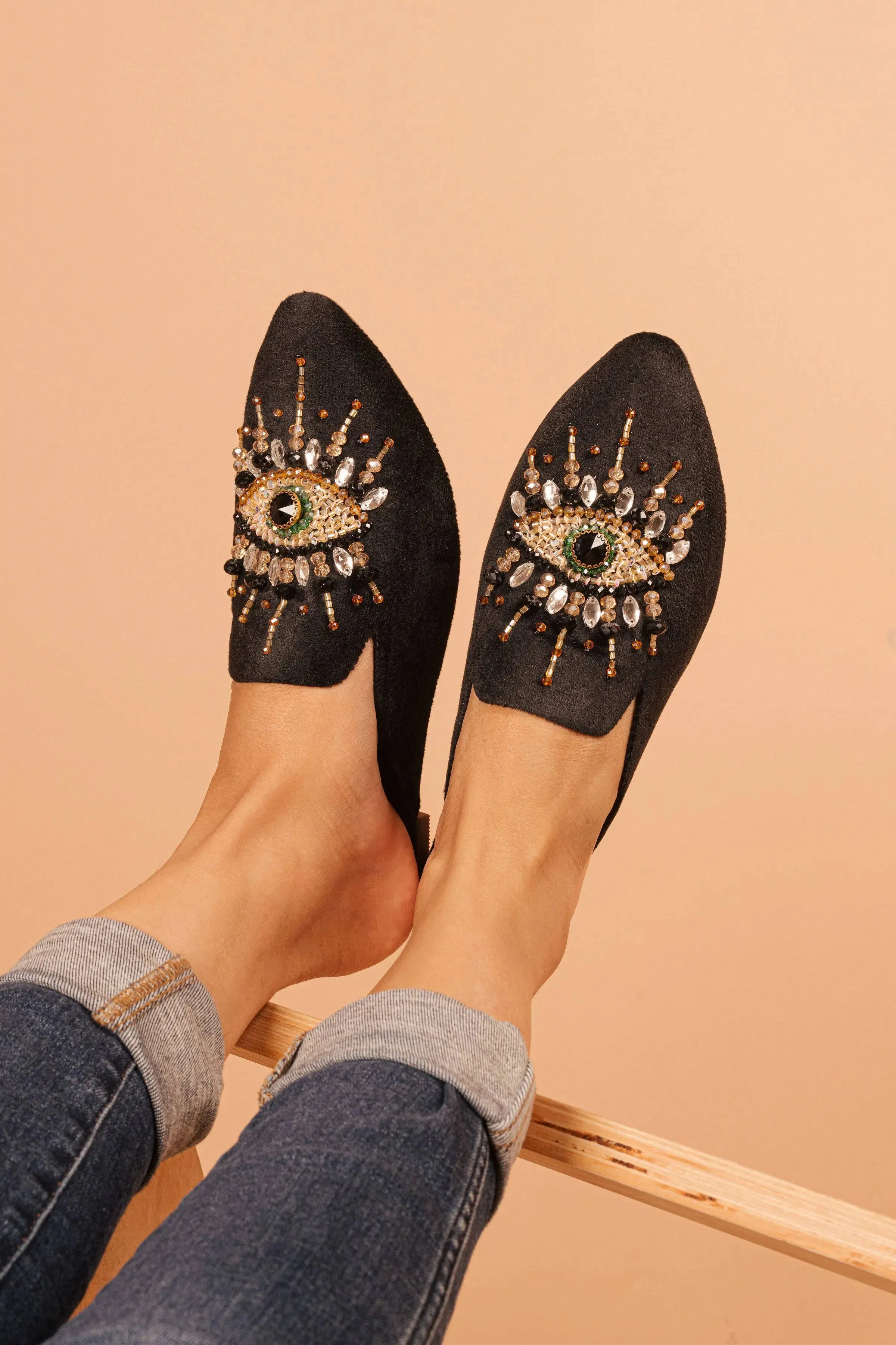 Pointed Toe Artisanal Evil Eye Mules Shoes Black Women's Mule Embroidery