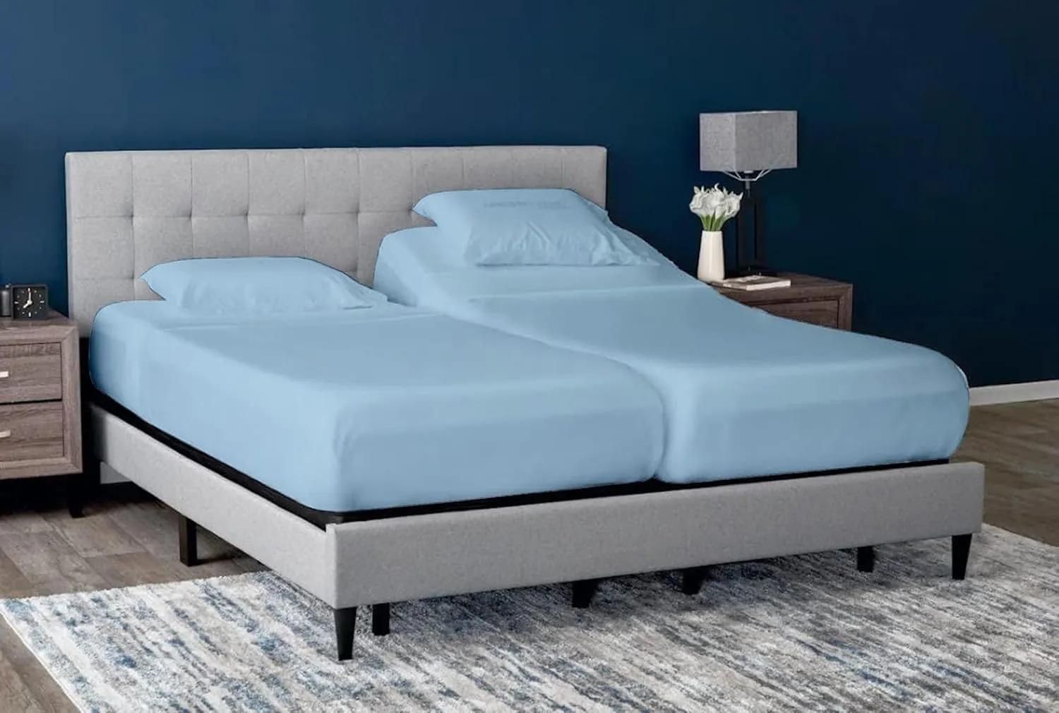 Rajlinen Split King Sheet Sets for Adjustable Beds - Sheets for Sleep Number Bed 15" Deep Pocket - 100% Cotton Split King Bed Sheet Set - Split King Sheets 5 Pcs - Light Blue Solid