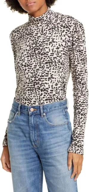Rebecca Taylor La Vie Animal Print Mock Neck Long Sleeve Top, Creme Brulee Combo XS