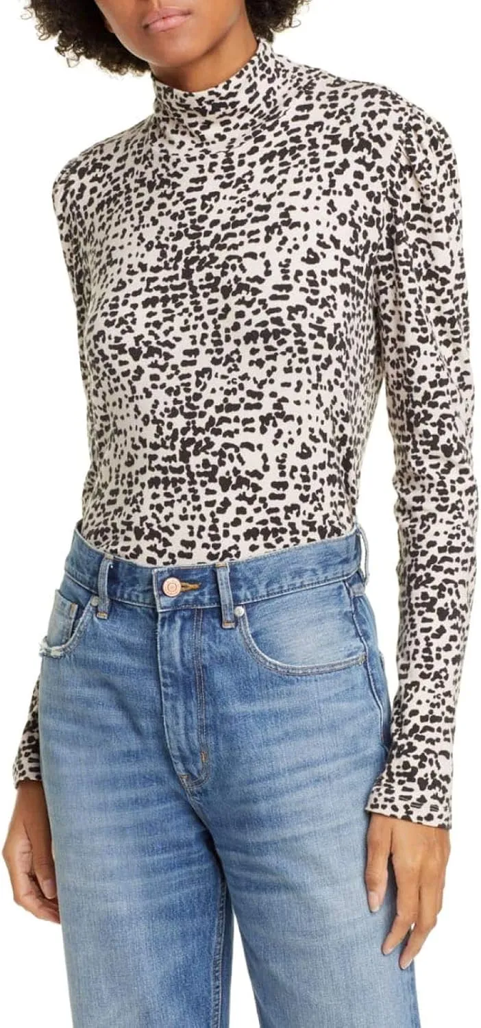 Rebecca Taylor La Vie Animal Print Mock Neck Long Sleeve Top, Creme Brulee Combo XS