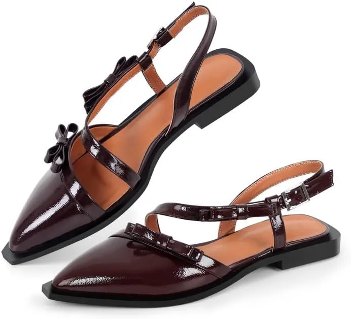 richealnini Pointed Toe Flat Pumps Slip On Slingback with Buckles and Bows