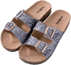 Roxoni Women's Party Gliters Comfort Flat Sandals Double Buckle Adjustable Straps Flat Slides Footbed Suede