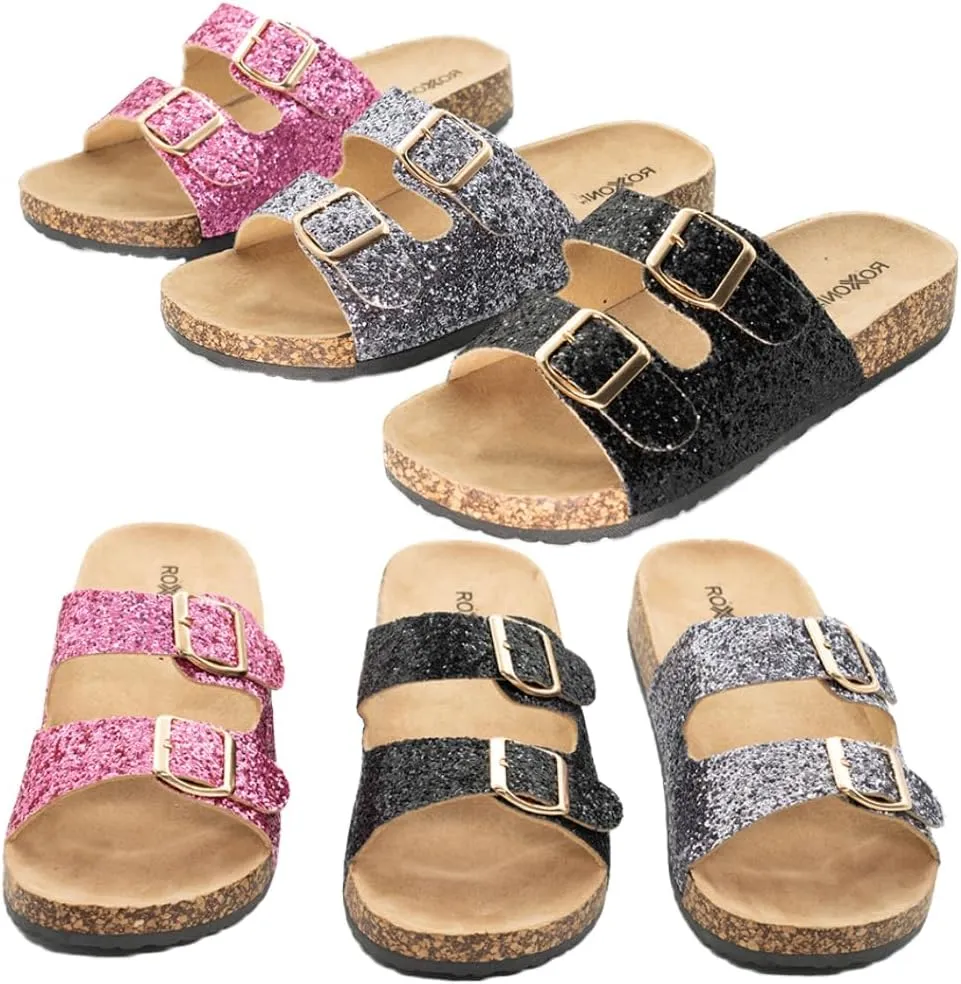 Roxoni Women's Party Gliters Comfort Flat Sandals Double Buckle Adjustable Straps Flat Slides Footbed Suede