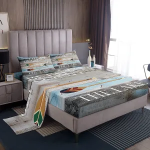Rustic Lake Cabin Bed Sheets Set Lake Paddle Decor Sheet Set Twin For Lake Lovers, Lakeside Camp Rv Decor Sheet Set & 1 Pillowcase,Vintage Wooden Board Farmhouse Lake House Decor, Grey Blue