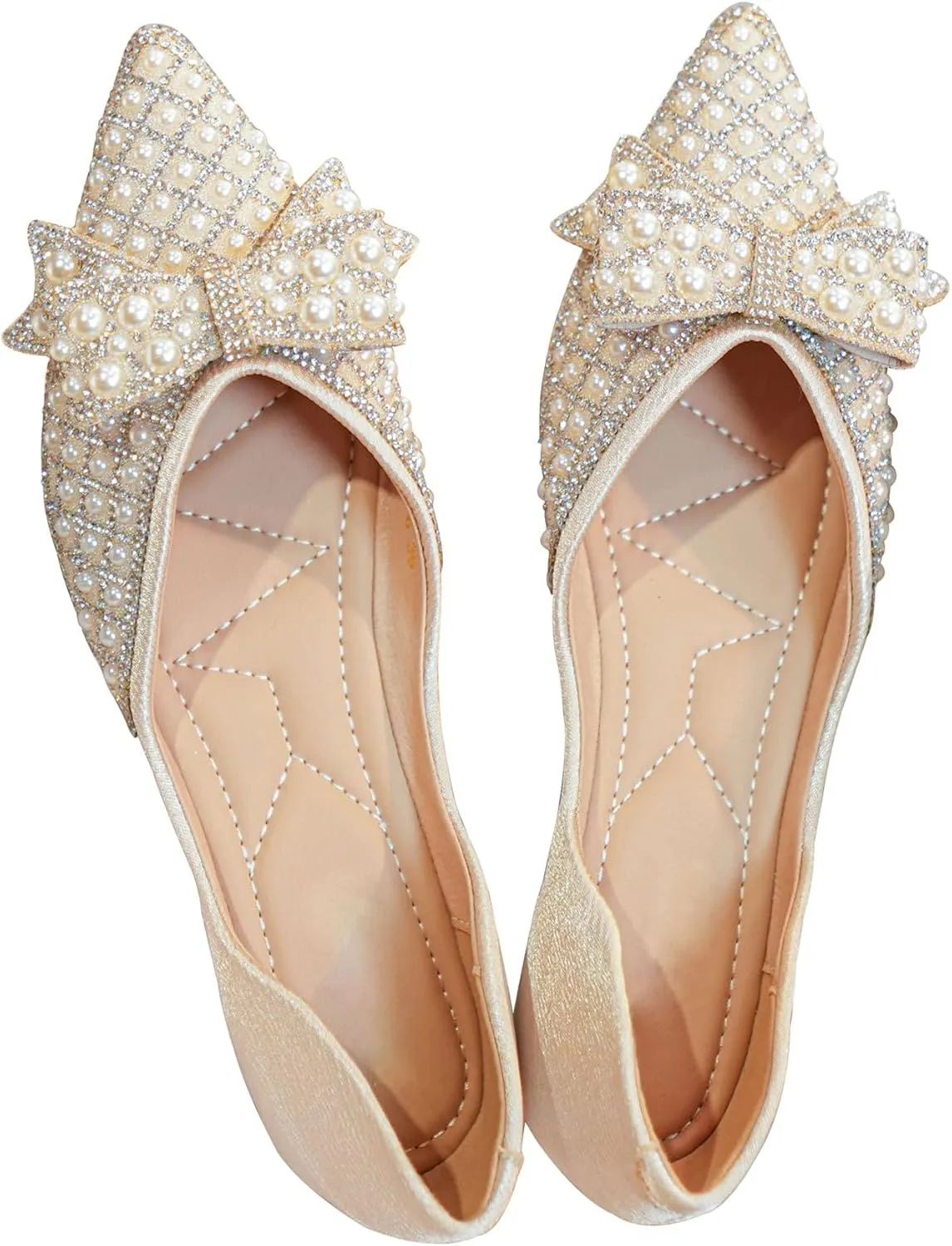 SAILING LU Sequins Flats Bow-Knot Shoes Women Dressy Pointed Toe Bridal Shoes for Wedding Comfortable Loafers Slip-ons