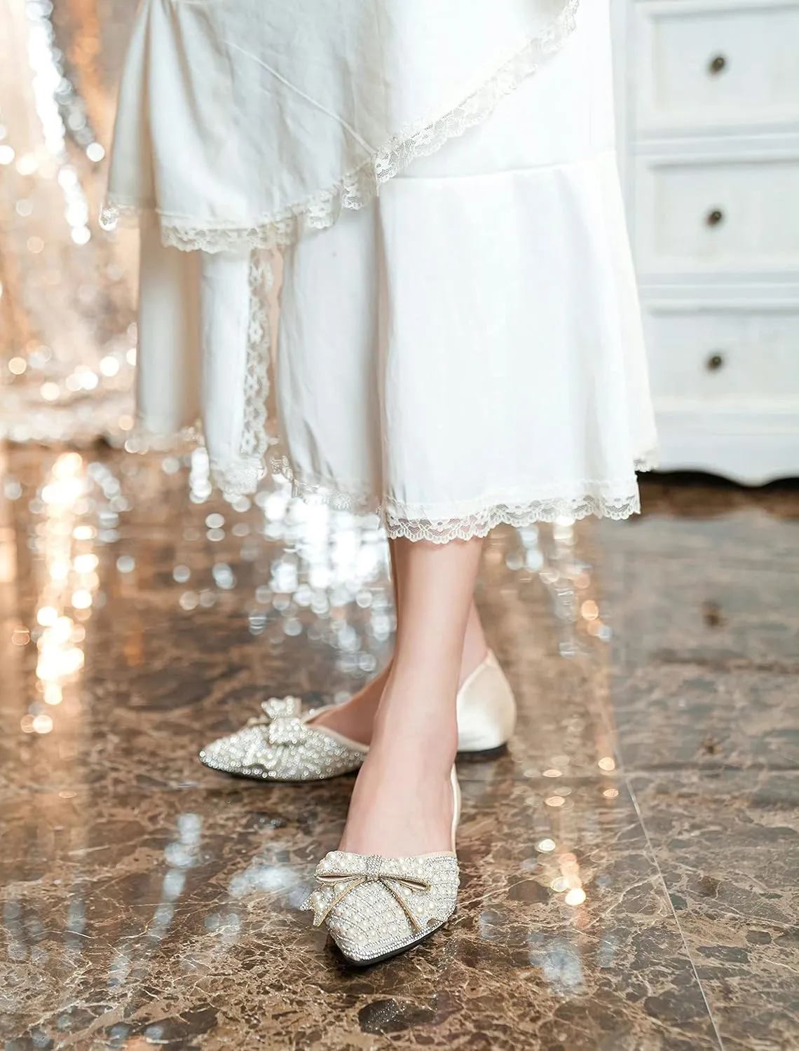 SAILING LU Sequins Flats Bow-Knot Shoes Women Dressy Pointed Toe Bridal Shoes for Wedding Comfortable Loafers Slip-ons