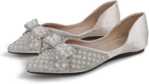 SAILING LU Sequins Flats Bow-Knot Shoes Women Dressy Pointed Toe Bridal Shoes for Wedding Comfortable Loafers Slip-ons