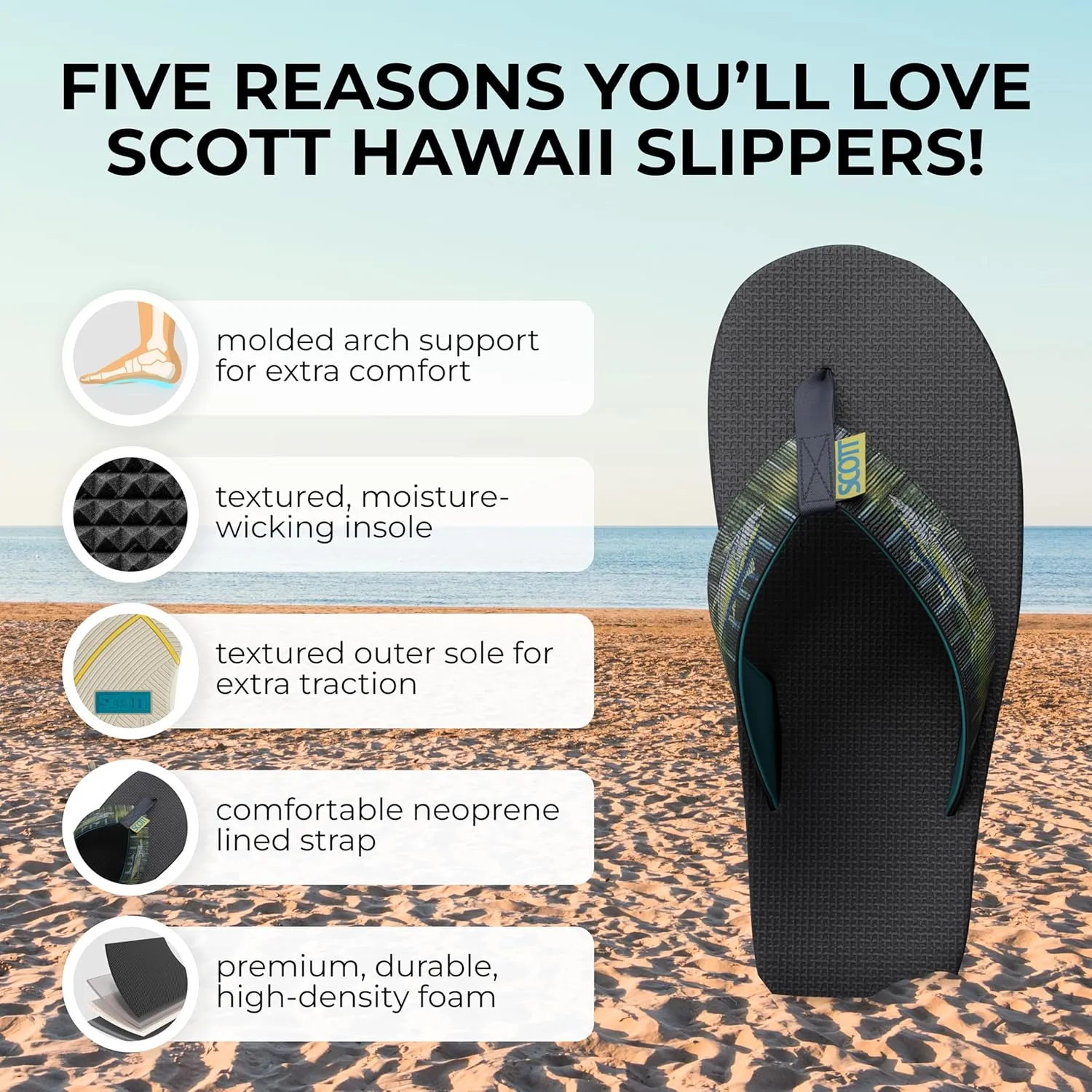 Scott Hawaii Men's Kaiko Sandal | Nylon Strap with Neoprene Lining | Molded Non-marking No-slip Outsole | Arch Support and Heel Cup | Marine & Boat Friendly