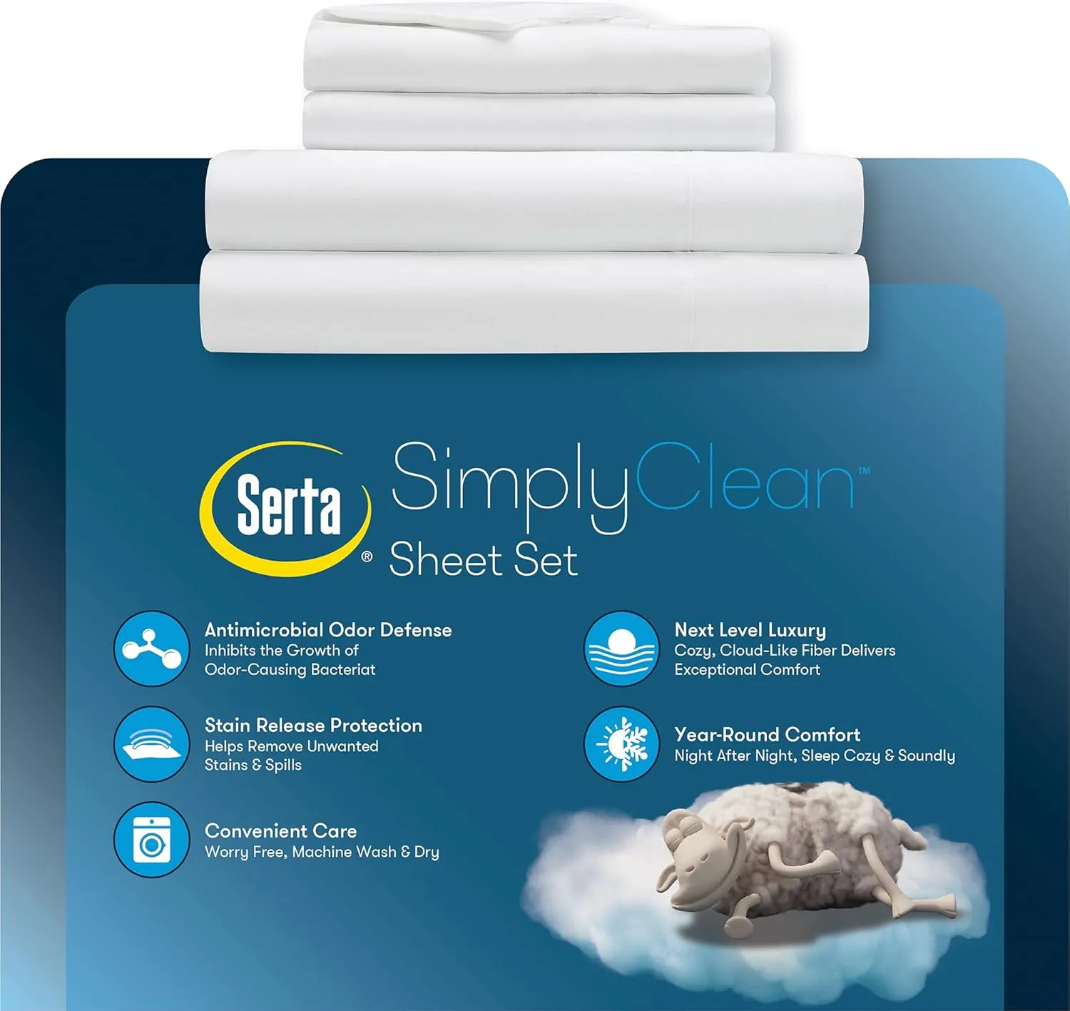Serta Simply Clean Super Soft Hypoallergenic Stain Resistant Deep Pocket 3 Pieces Solid Bed Sheet Set, Twin, White