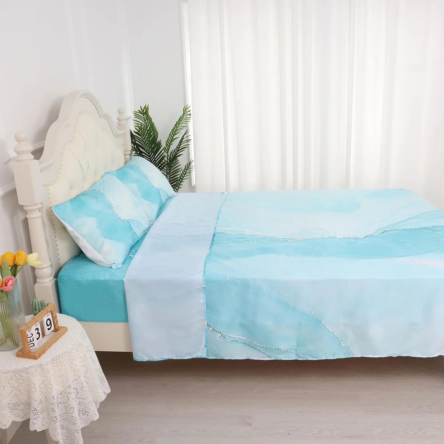 Sheet Set Blue Marble: Twin Size Aqua Blue Bed Sheets for Teen Girls Kids Women Deep Pocket Baby Blue Marbling 3PC Bedding Sets with 1 Flat Sheet & 1 Fitted Sheet & 1 Pillow Case