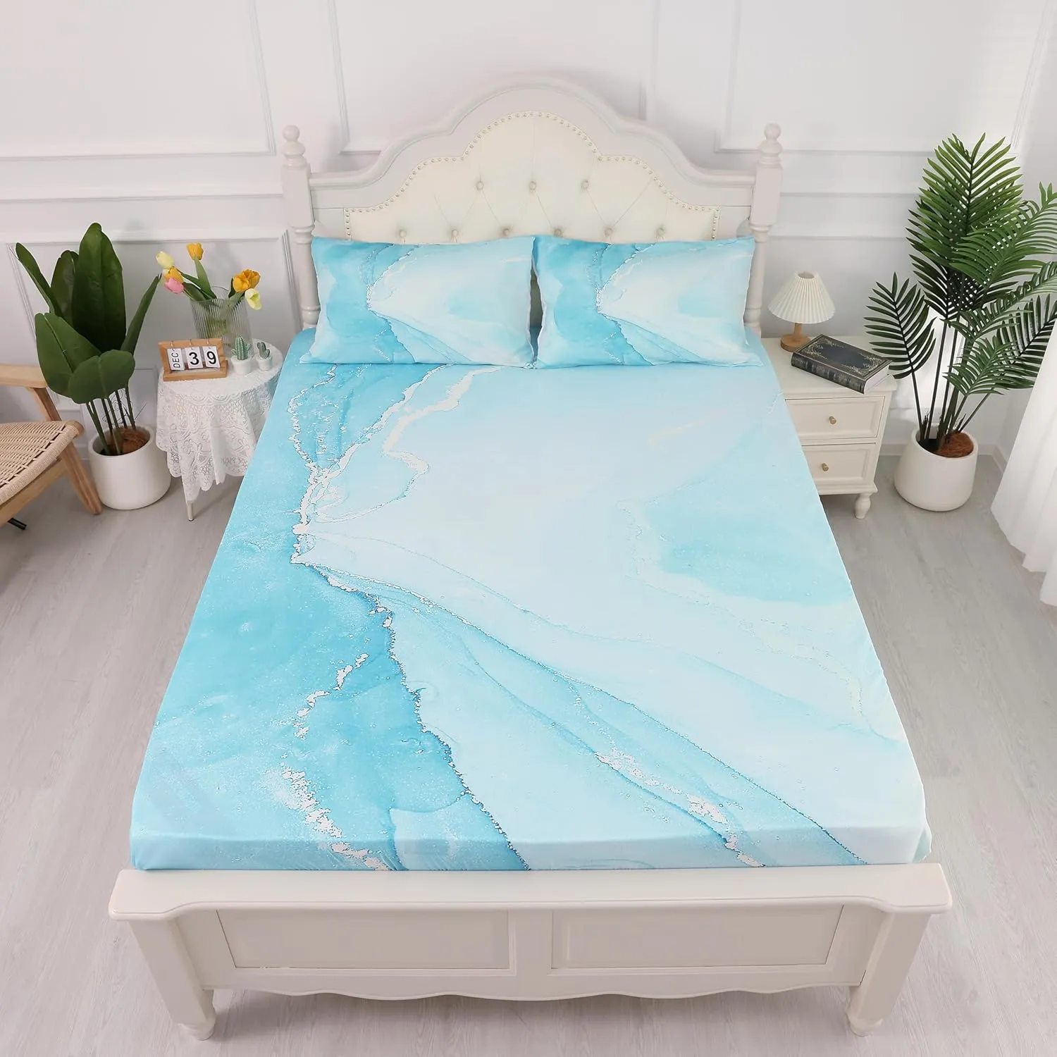 Sheet Set Blue Marble: Twin Size Aqua Blue Bed Sheets for Teen Girls Kids Women Deep Pocket Baby Blue Marbling 3PC Bedding Sets with 1 Flat Sheet & 1 Fitted Sheet & 1 Pillow Case