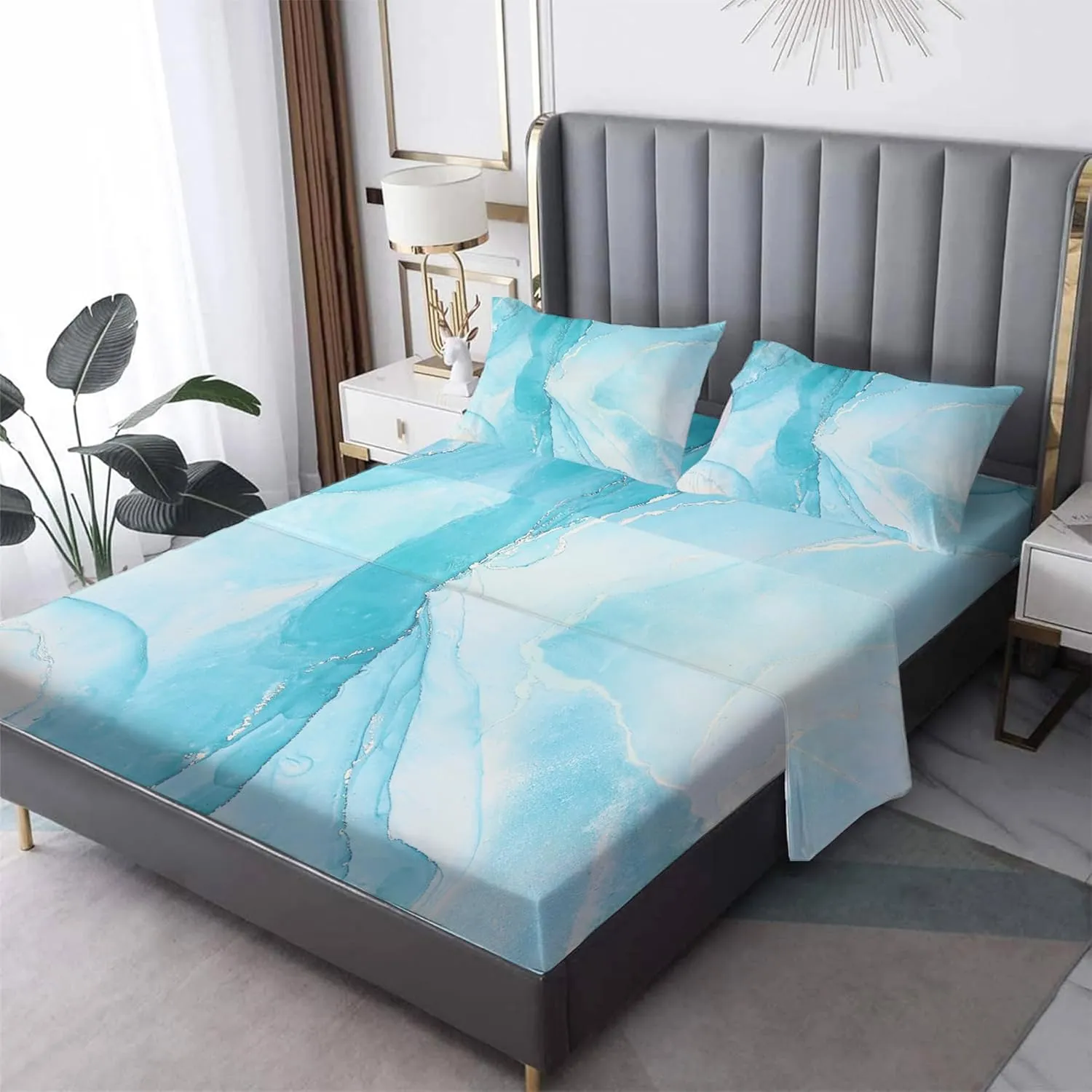 Sheet Set Blue Marble: Twin Size Aqua Blue Bed Sheets for Teen Girls Kids Women Deep Pocket Baby Blue Marbling 3PC Bedding Sets with 1 Flat Sheet & 1 Fitted Sheet & 1 Pillow Case