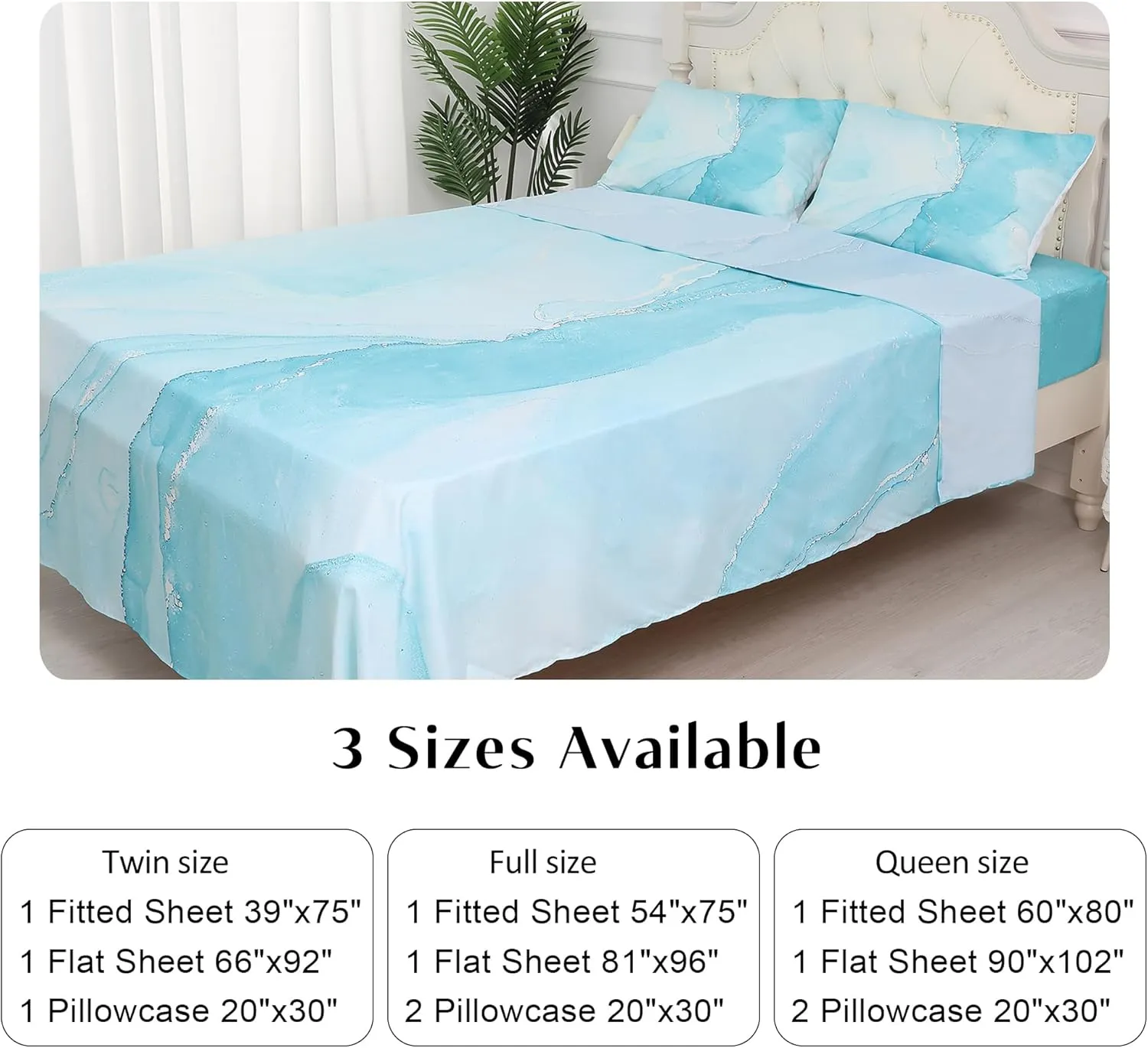 Sheet Set Blue Marble: Twin Size Aqua Blue Bed Sheets for Teen Girls Kids Women Deep Pocket Baby Blue Marbling 3PC Bedding Sets with 1 Flat Sheet & 1 Fitted Sheet & 1 Pillow Case