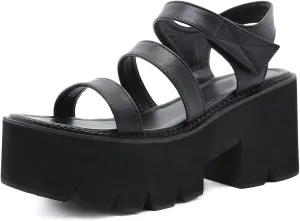 SHEMEE Chunky Platform Gladiator Roman Sandals Women Black Punk Goth Shoes Multi Strap Lightweight Fisherman Wedge Sandal