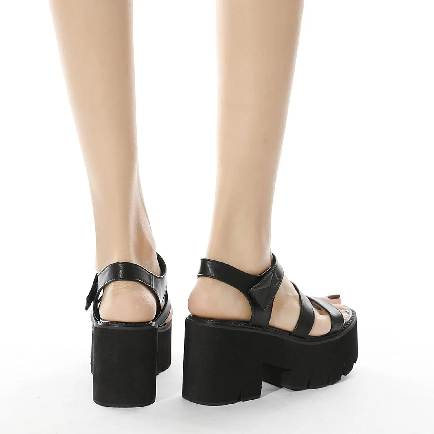 SHEMEE Chunky Platform Gladiator Roman Sandals Women Black Punk Goth Shoes Multi Strap Lightweight Fisherman Wedge Sandal