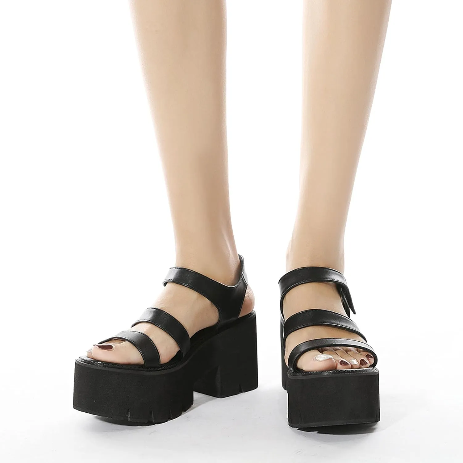 SHEMEE Chunky Platform Gladiator Roman Sandals Women Black Punk Goth Shoes Multi Strap Lightweight Fisherman Wedge Sandal