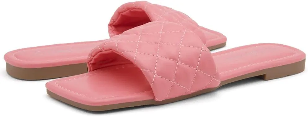 Shoe Land Anisha Women's Flat Sandals, Fashion Slides with Square Open Toe, Quilted Single Band Dressy Sandals, Slip-On Slippers for Summer, Daily Wear, Prom, and Party