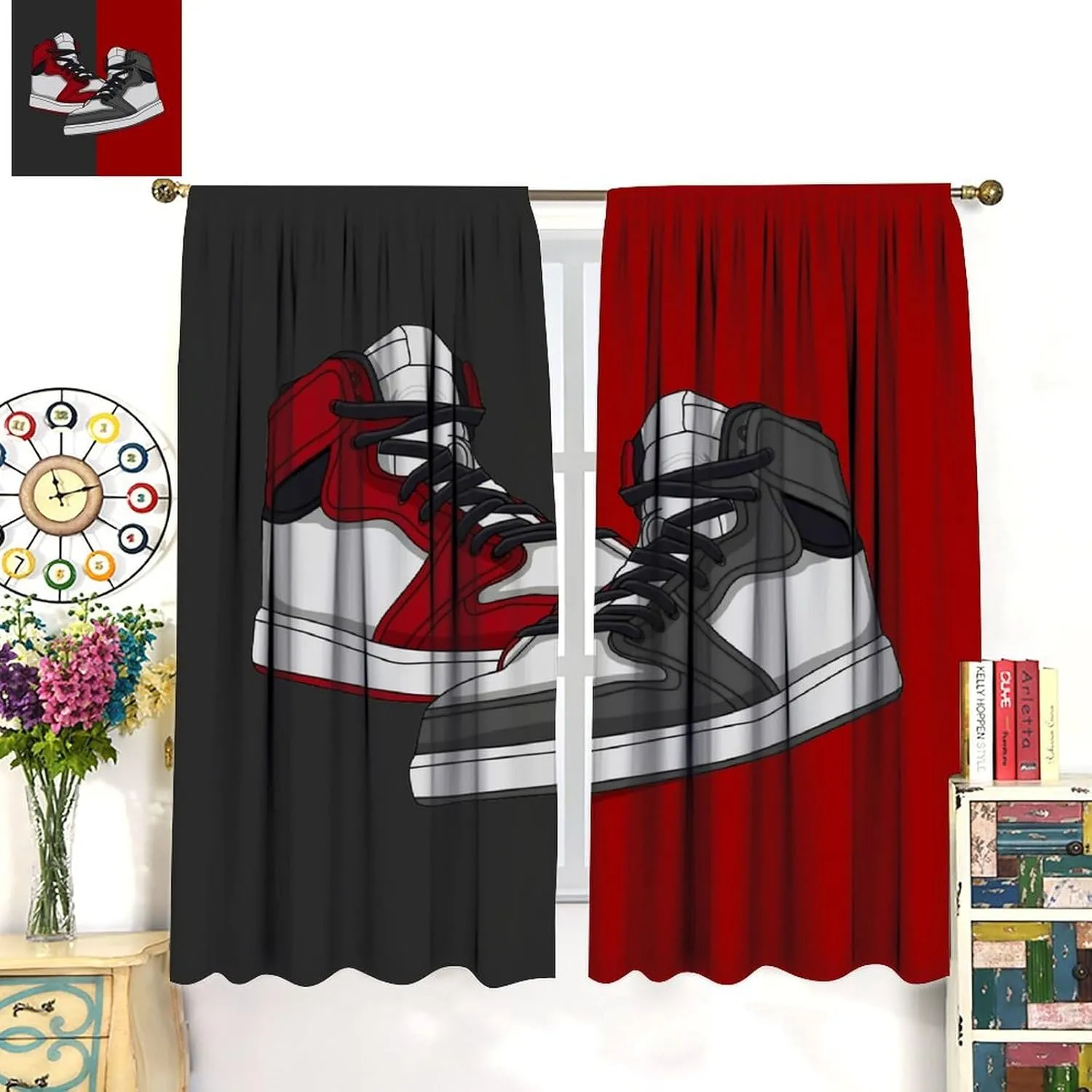 Shoes Boys Curtains, Red Grey Sports Sneaker Footwear Retro Basketball Shoes Print Blackout Window Drapes for Kids Teens Bedroom Living Room 55x63in