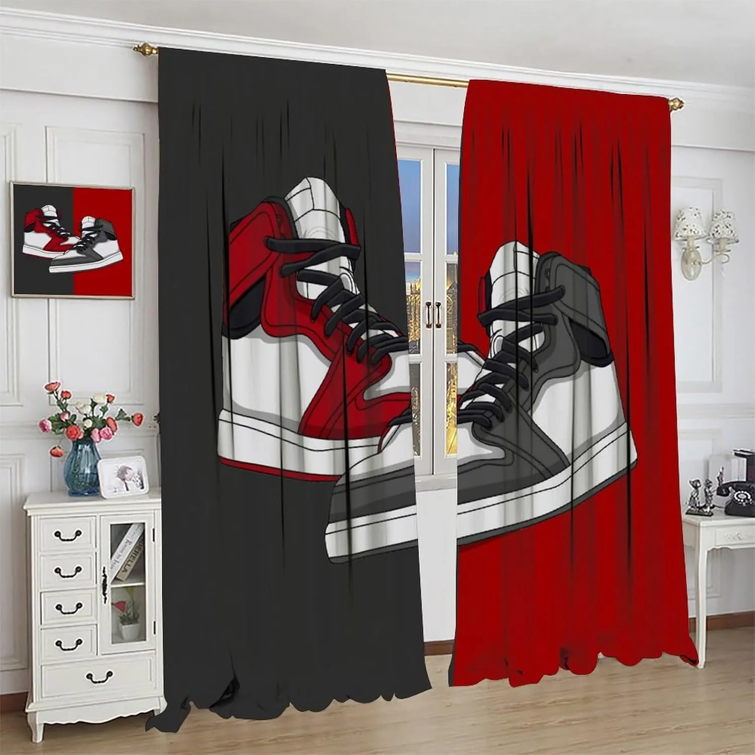 Shoes Boys Curtains, Red Grey Sports Sneaker Footwear Retro Basketball Shoes Print Blackout Window Drapes for Kids Teens Bedroom Living Room 55x63in