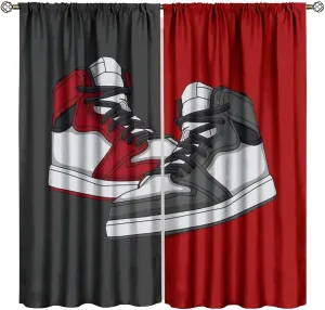 Shoes Boys Curtains, Red Grey Sports Sneaker Footwear Retro Basketball Shoes Print Blackout Window Drapes for Kids Teens Bedroom Living Room 55x63in