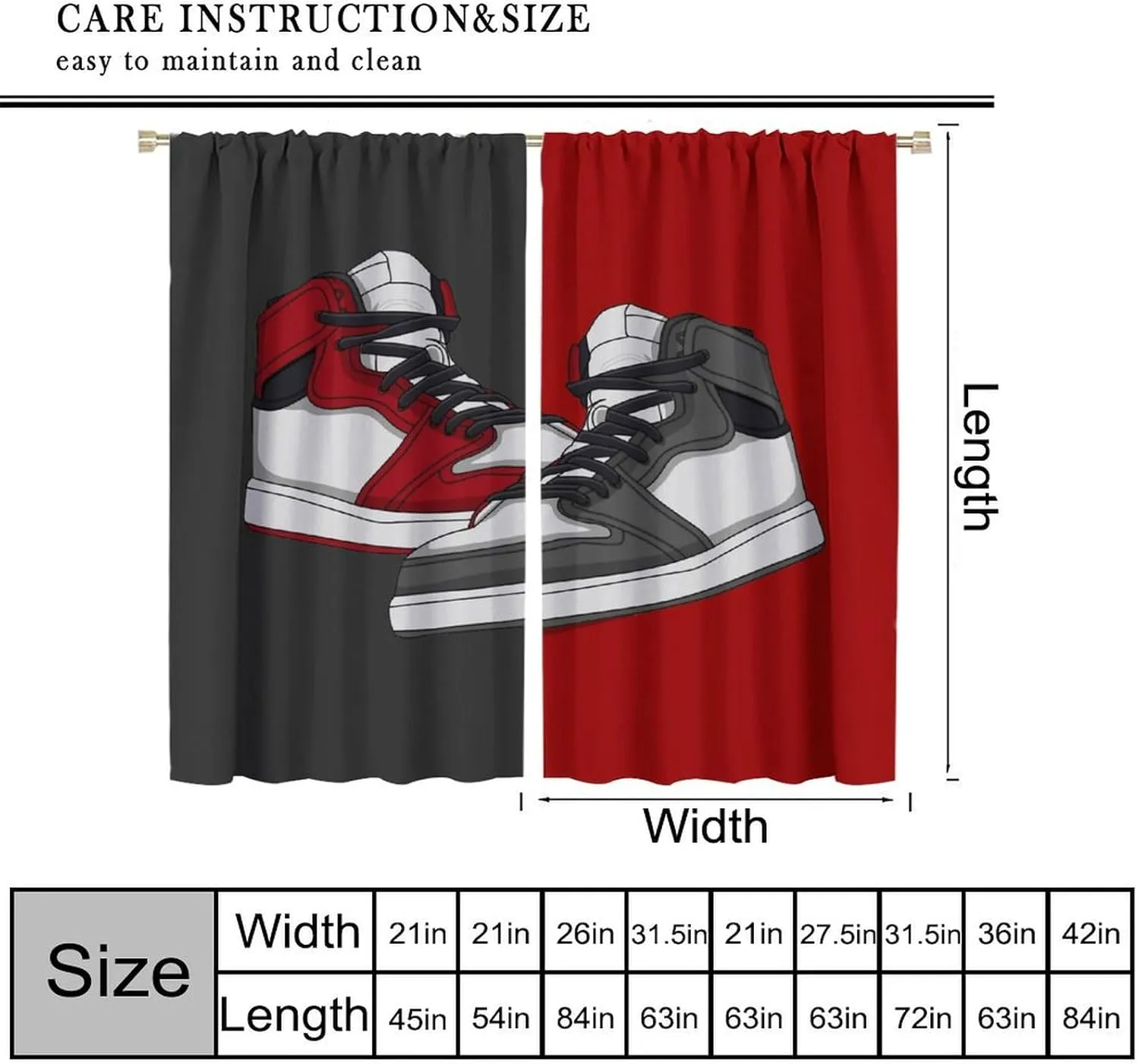 Shoes Boys Curtains, Red Grey Sports Sneaker Footwear Retro Basketball Shoes Print Blackout Window Drapes for Kids Teens Bedroom Living Room 55x63in