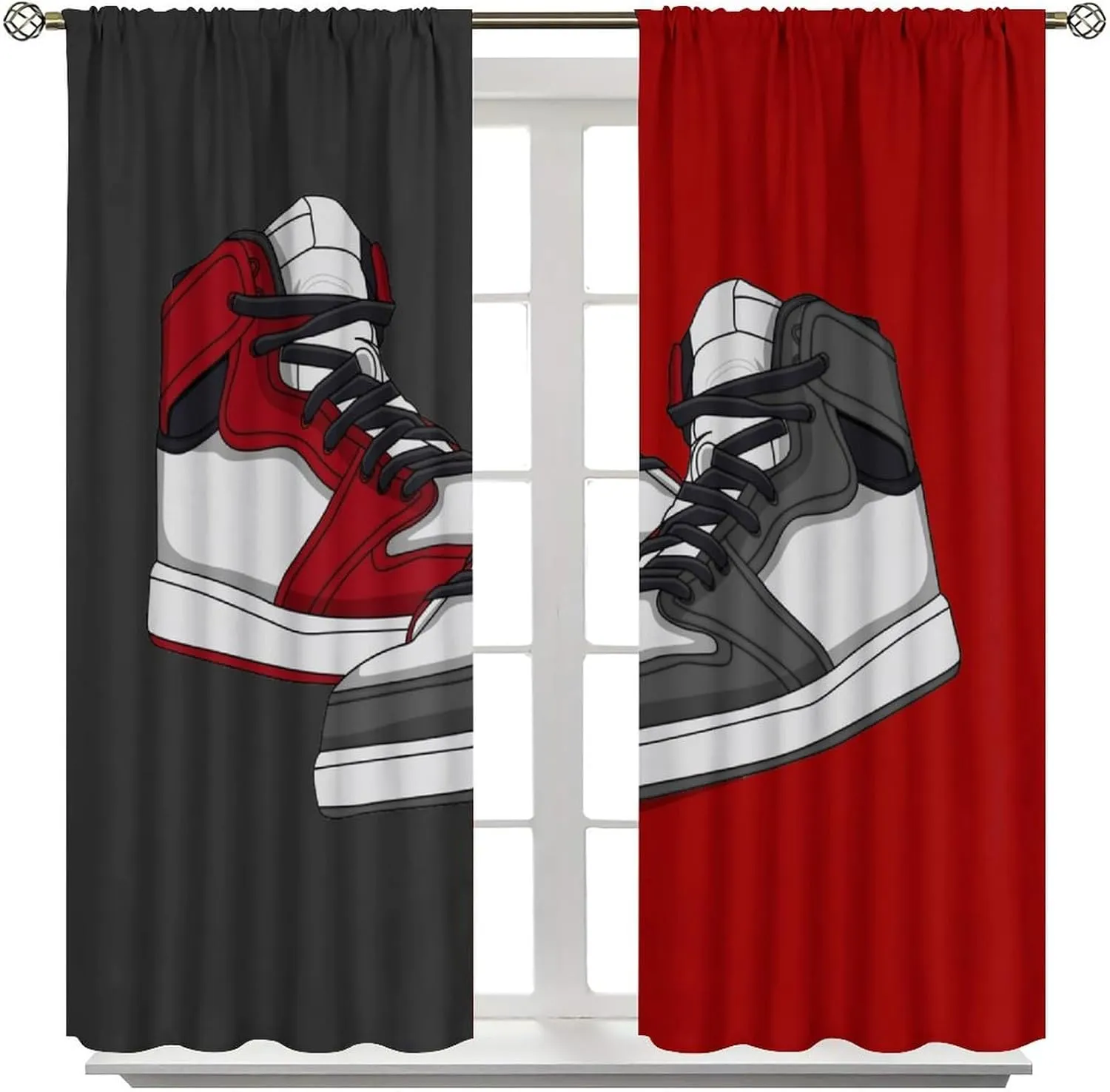 Shoes Boys Curtains, Red Grey Sports Sneaker Footwear Retro Basketball Shoes Print Blackout Window Drapes for Kids Teens Bedroom Living Room 55x63in