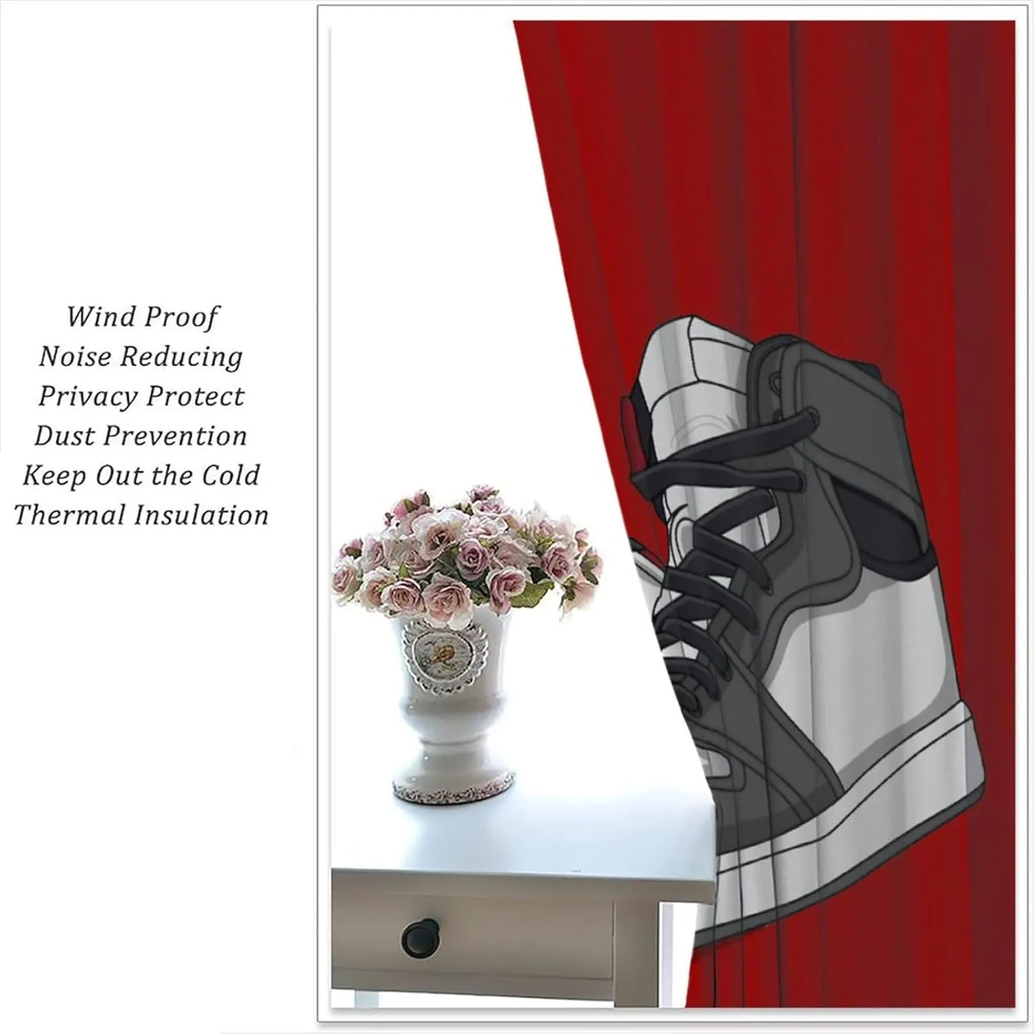 Shoes Boys Curtains, Red Grey Sports Sneaker Footwear Retro Basketball Shoes Print Blackout Window Drapes for Kids Teens Bedroom Living Room 55x63in
