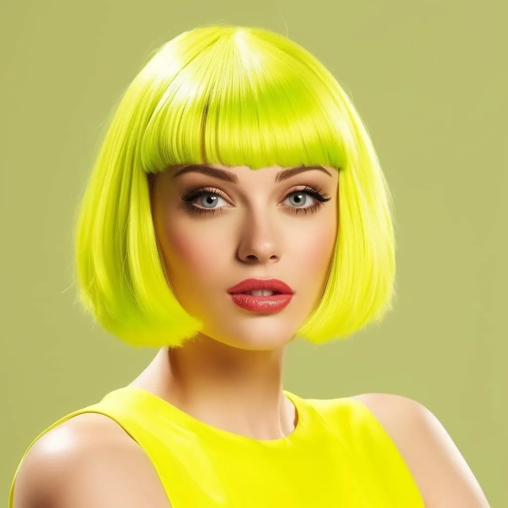 Short Bob Hair Wigs Straight with Flat Bangs Synthetic Colorful Cosplay Daily Party Neon Wig for Women   Free Wig Cap 13" Natural As Real