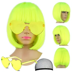 Short Bob Hair Wigs Straight with Flat Bangs Synthetic Colorful Cosplay Daily Party Neon Wig for Women   Free Wig Cap 13" Natural As Real