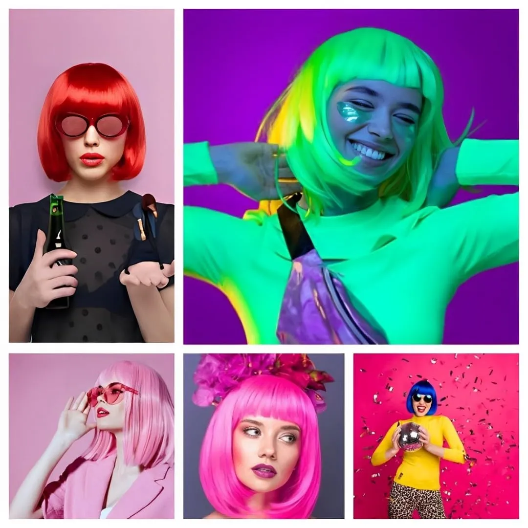 Short Bob Hair Wigs Straight with Flat Bangs Synthetic Colorful Cosplay Daily Party Neon Wig for Women   Free Wig Cap 13" Natural As Real