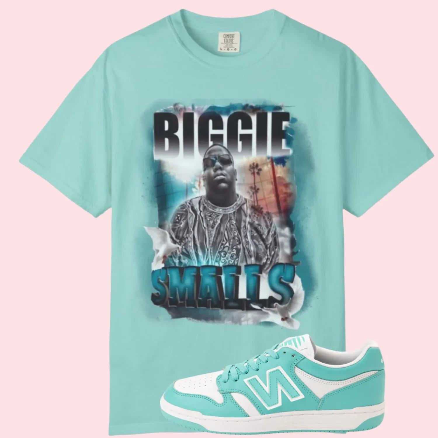 Sky’s the Limit – Biggie Smalls Sneaker Match Tee (Aqua or Black) New Balance 480 Athletic Shoe - Airy Teal / White, JORDAN 1 Low Se Homage Split Bright Spruce