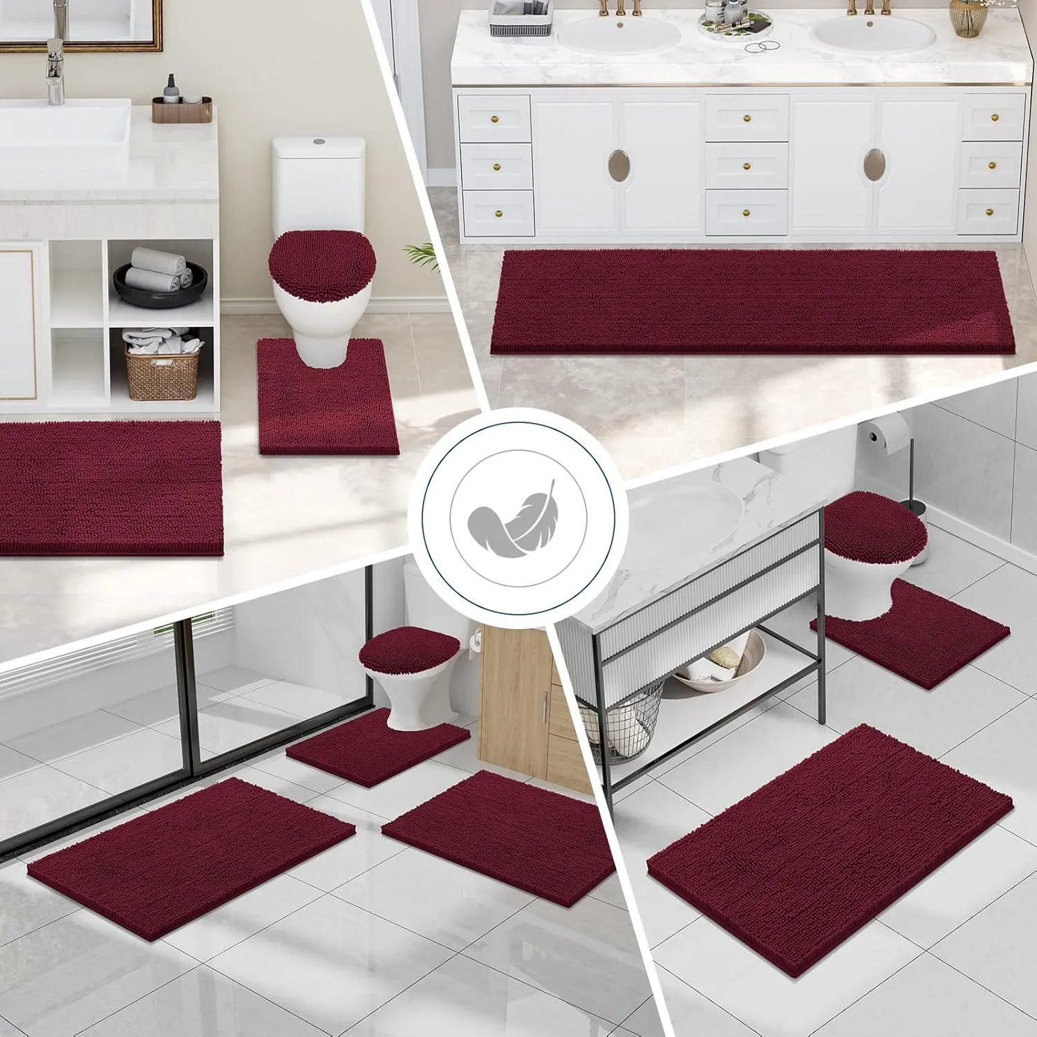 Smiry Bathroom Rugs Sets 2 Piece, Soft Absorbent Chenille Machine Washable Non Slip Shaggy Bath Rug Set for Tub, Shower, and Floor (30x20 24x16, Burgundy)