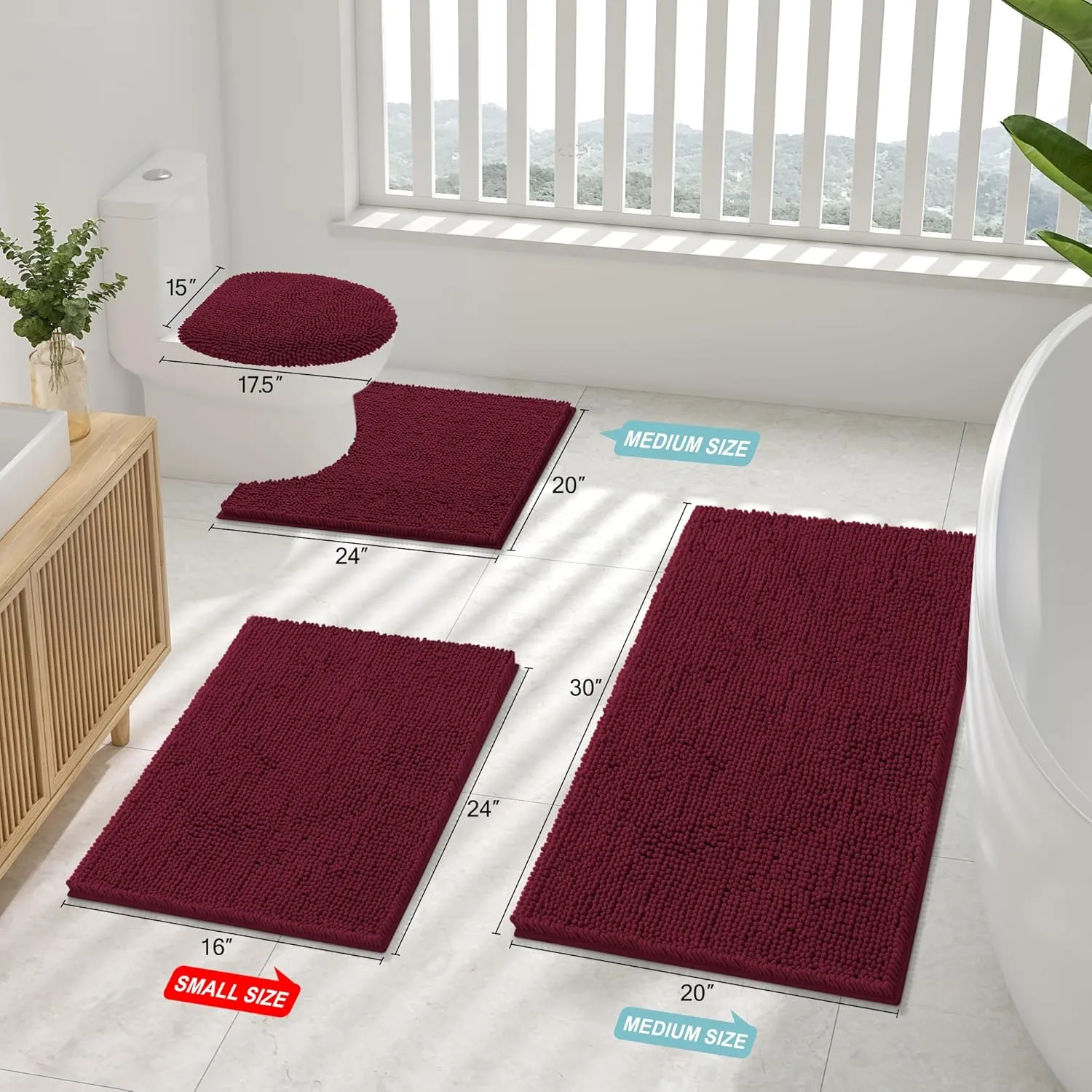 Smiry Bathroom Rugs Sets 2 Piece, Soft Absorbent Chenille Machine Washable Non Slip Shaggy Bath Rug Set for Tub, Shower, and Floor (30x20 24x16, Burgundy)