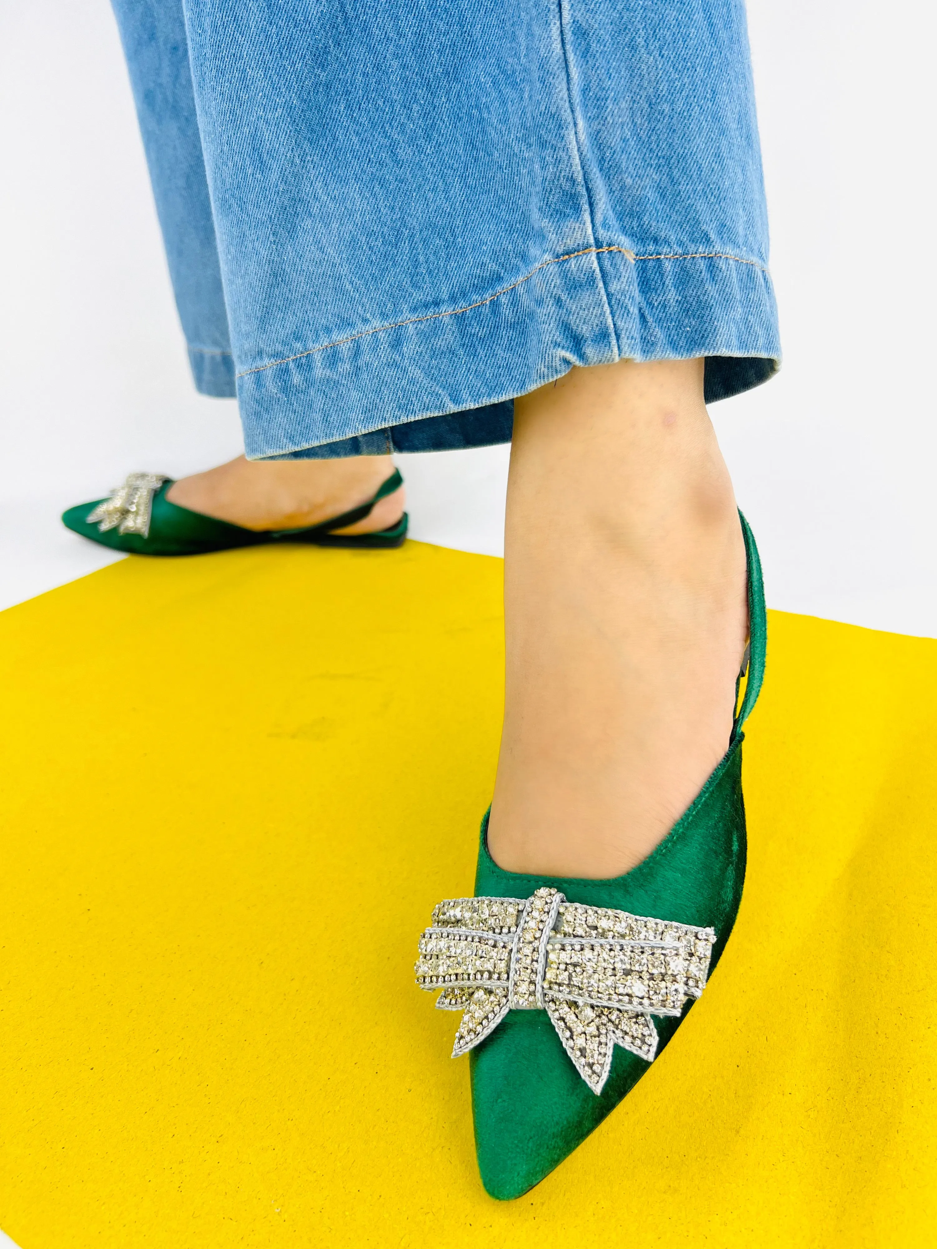 Spunkz Pointed Toe Rhinestone Bow Knot Green Slingback Flats - 12000
