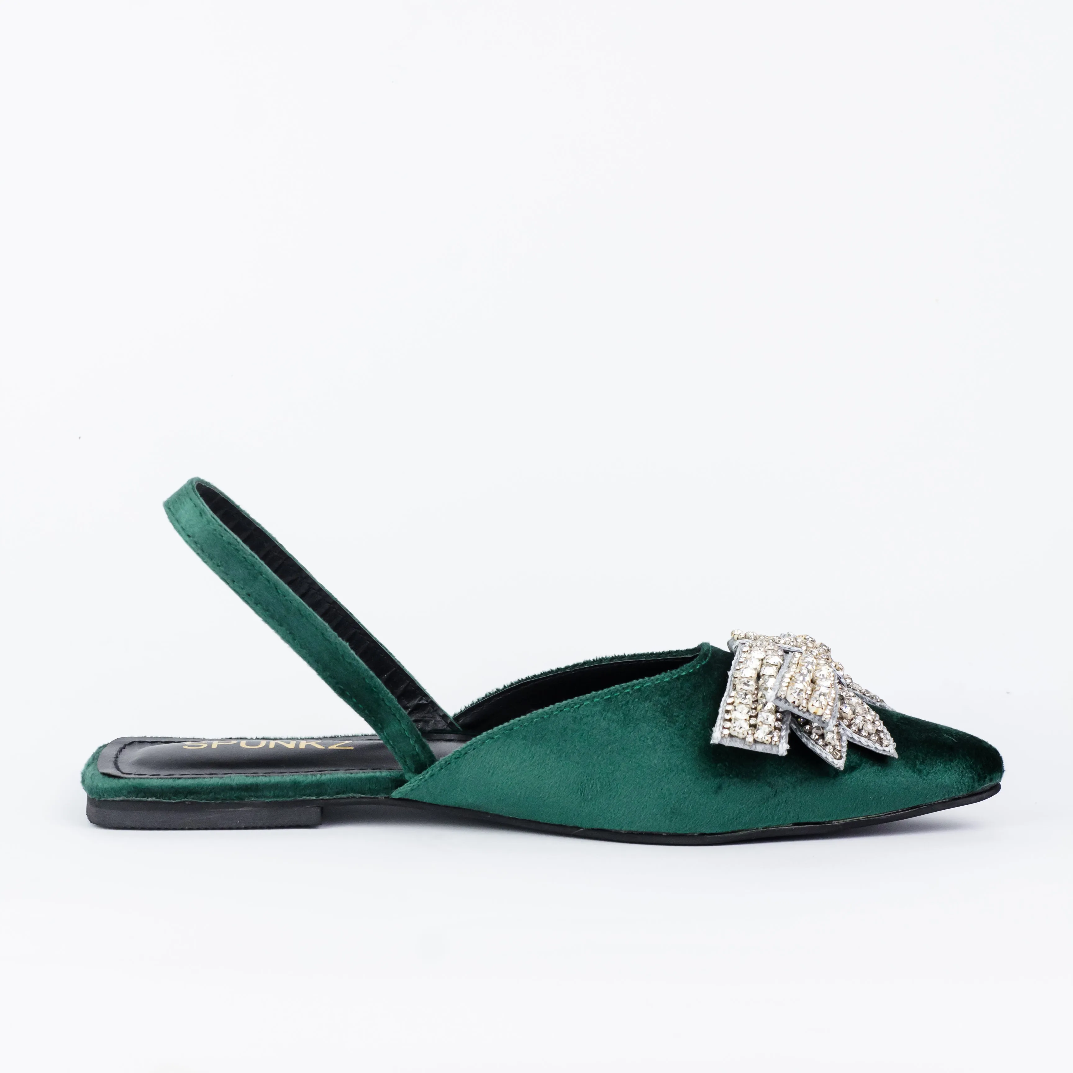 Spunkz Pointed Toe Rhinestone Bow Knot Green Slingback Flats - 12000