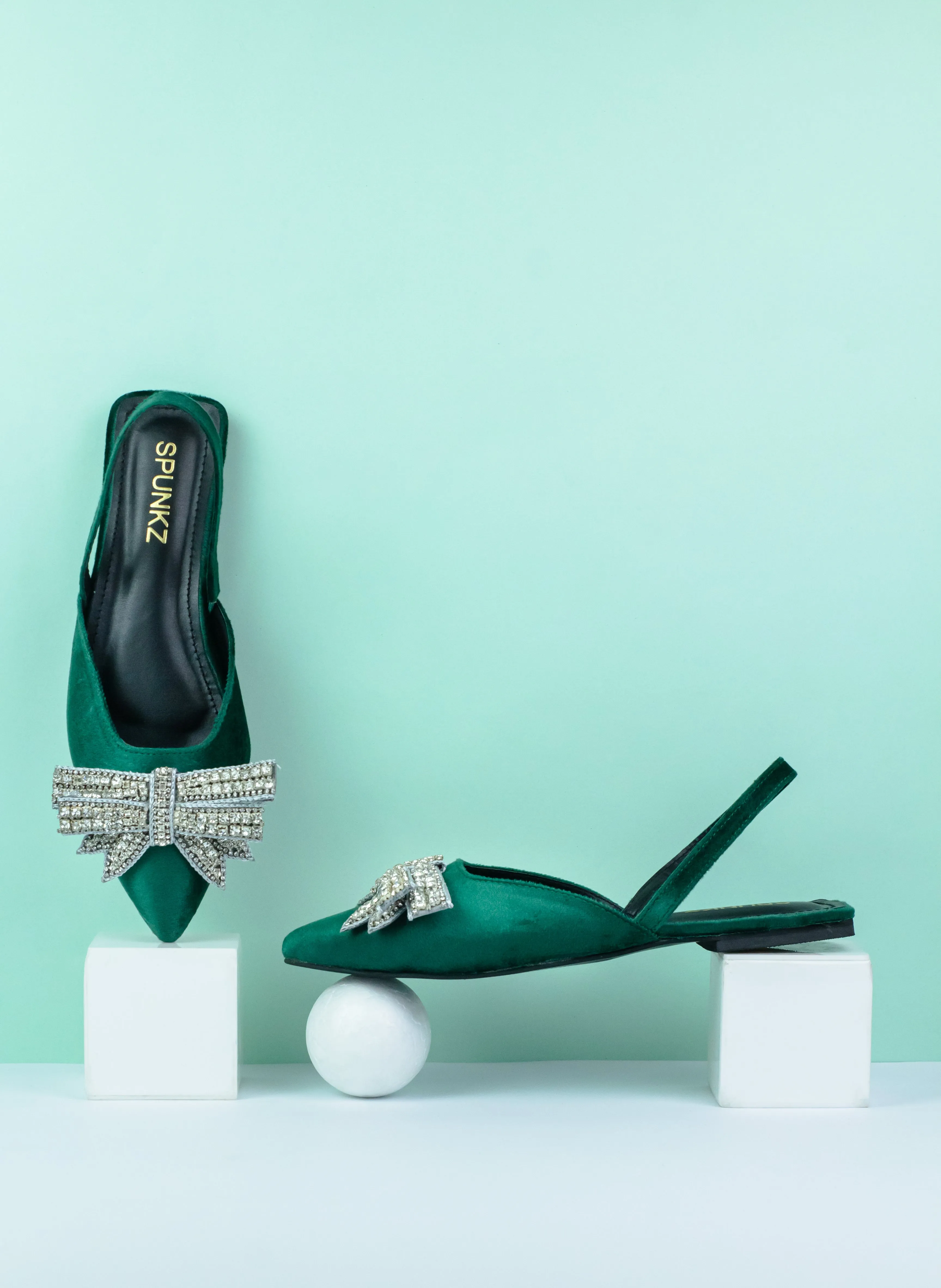 Spunkz Pointed Toe Rhinestone Bow Knot Green Slingback Flats - 12000