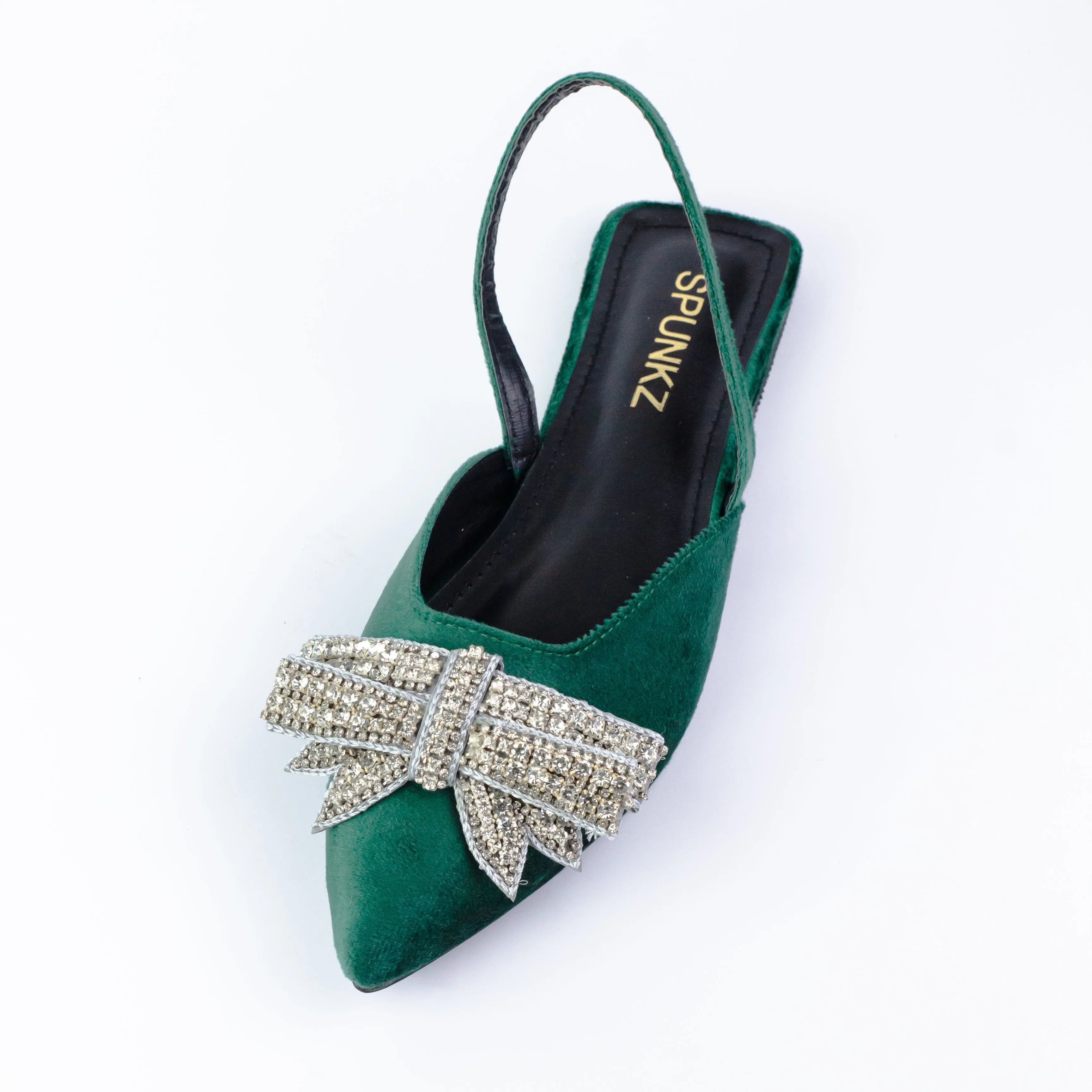 Spunkz Pointed Toe Rhinestone Bow Knot Green Slingback Flats - 12000
