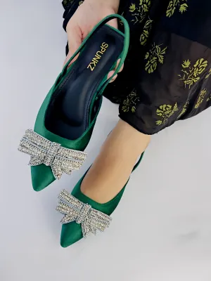 Spunkz Pointed Toe Rhinestone Bow Knot Green Slingback Flats - 12000