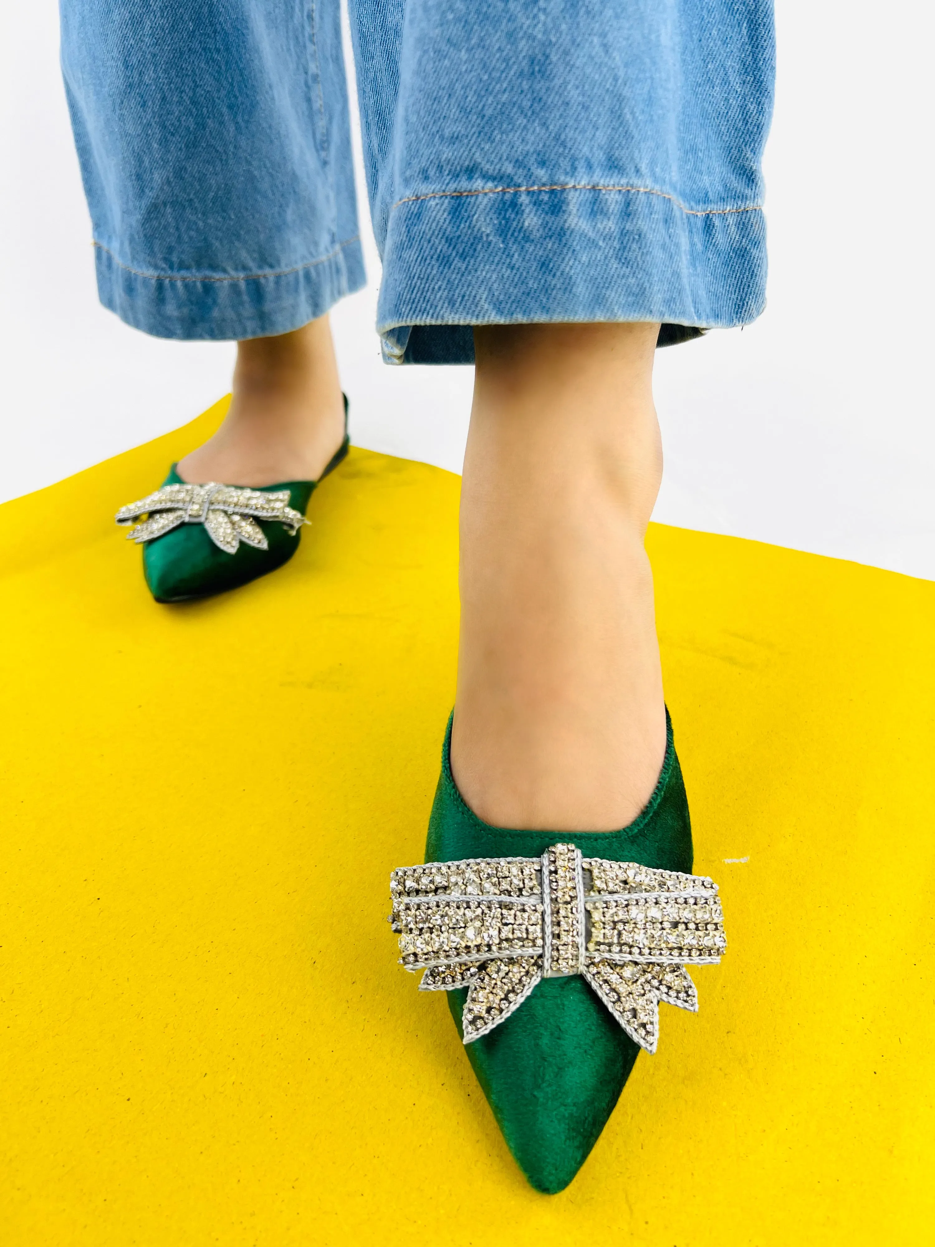 Spunkz Pointed Toe Rhinestone Bow Knot Green Slingback Flats - 12000