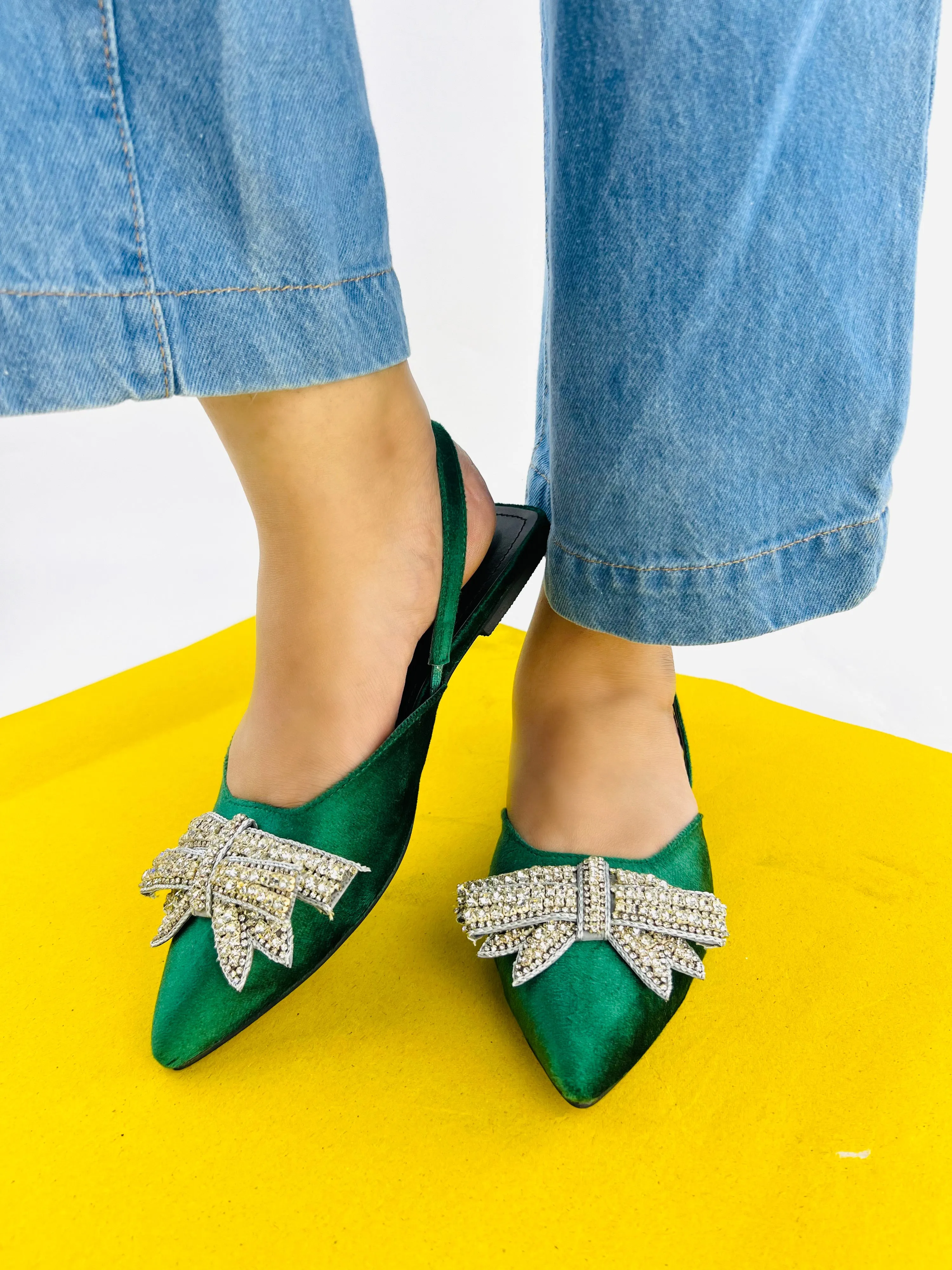 Spunkz Pointed Toe Rhinestone Bow Knot Green Slingback Flats - 12000