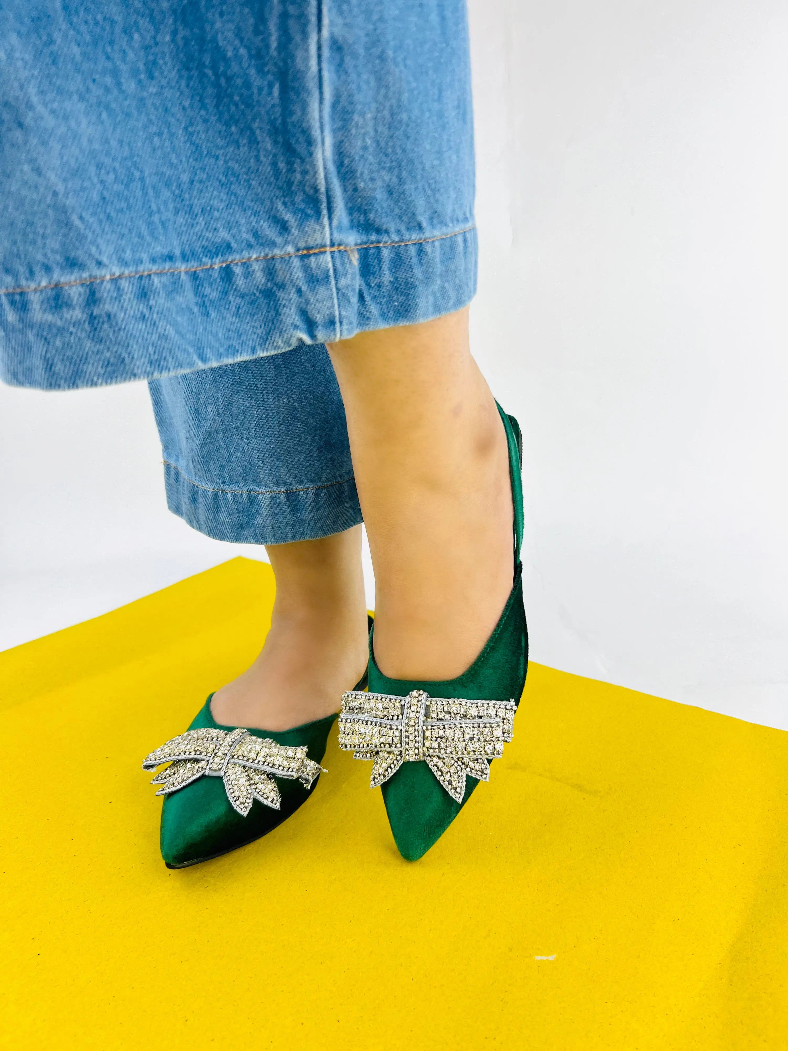 Spunkz Pointed Toe Rhinestone Bow Knot Green Slingback Flats - 12000
