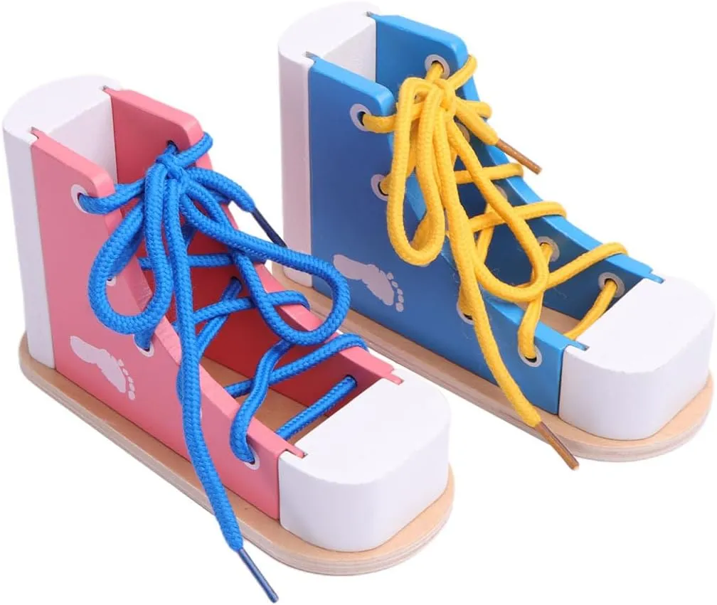 STOBOK 2pcs Wood Lacing Sneaker Learn to Tie Shoes Tie-Up Shoe Threading Toy Montessori Educational Toys (Blue   Pink)