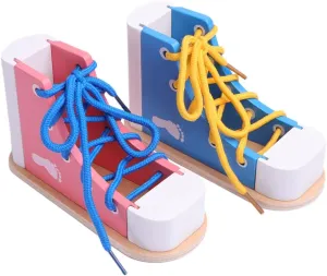 STOBOK 2pcs Wood Lacing Sneaker Learn to Tie Shoes Tie-Up Shoe Threading Toy Montessori Educational Toys (Blue   Pink)