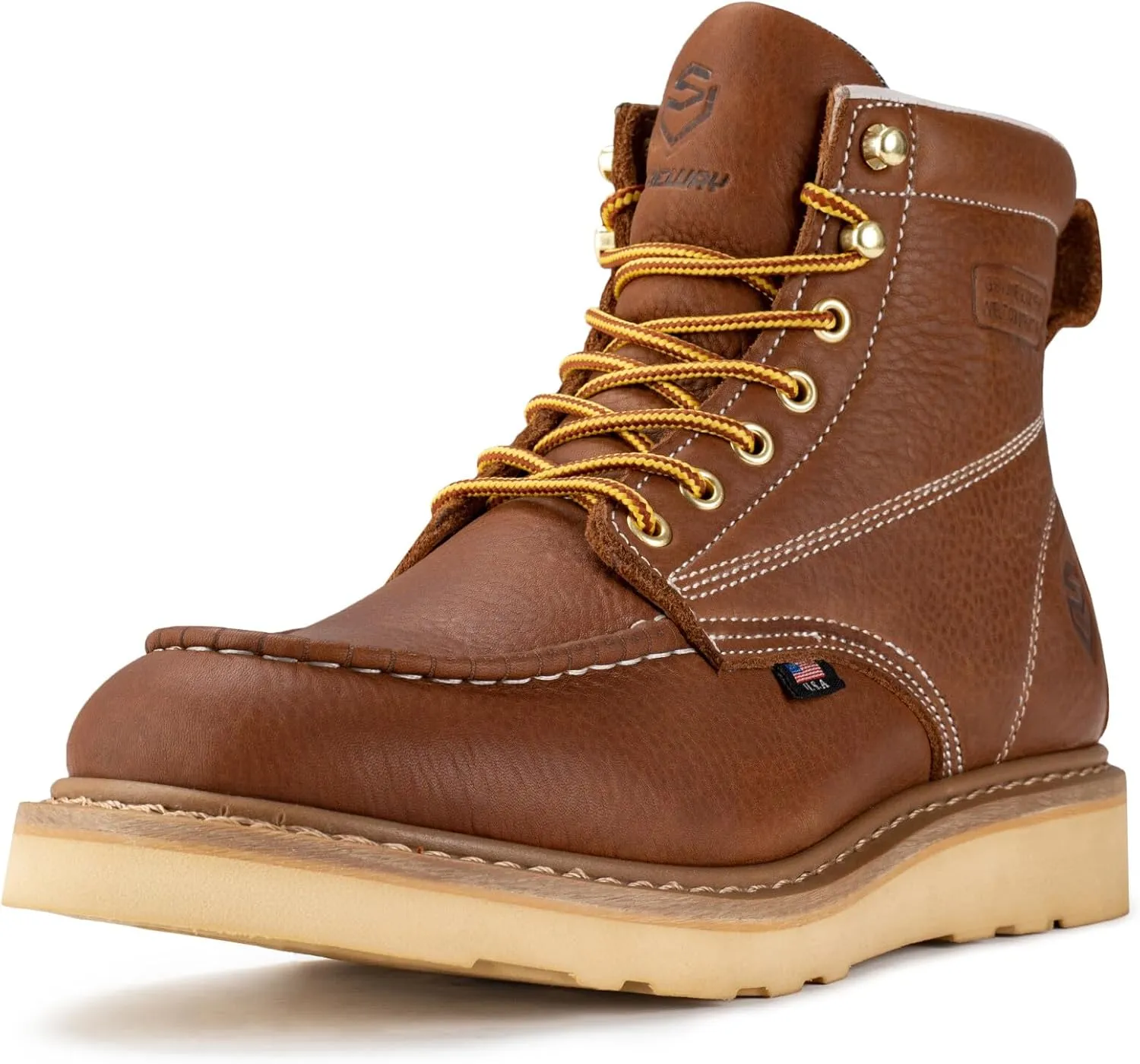 SUREWAY 6 in Mens Soft Toe Work Boots for Men-Full Grain Leather,Goodyear,Non-Slip EH Safety Industial Construction Wedge Moc Toe Work Boots/Shoes,Soft Toe Tobacco,Size 6.5